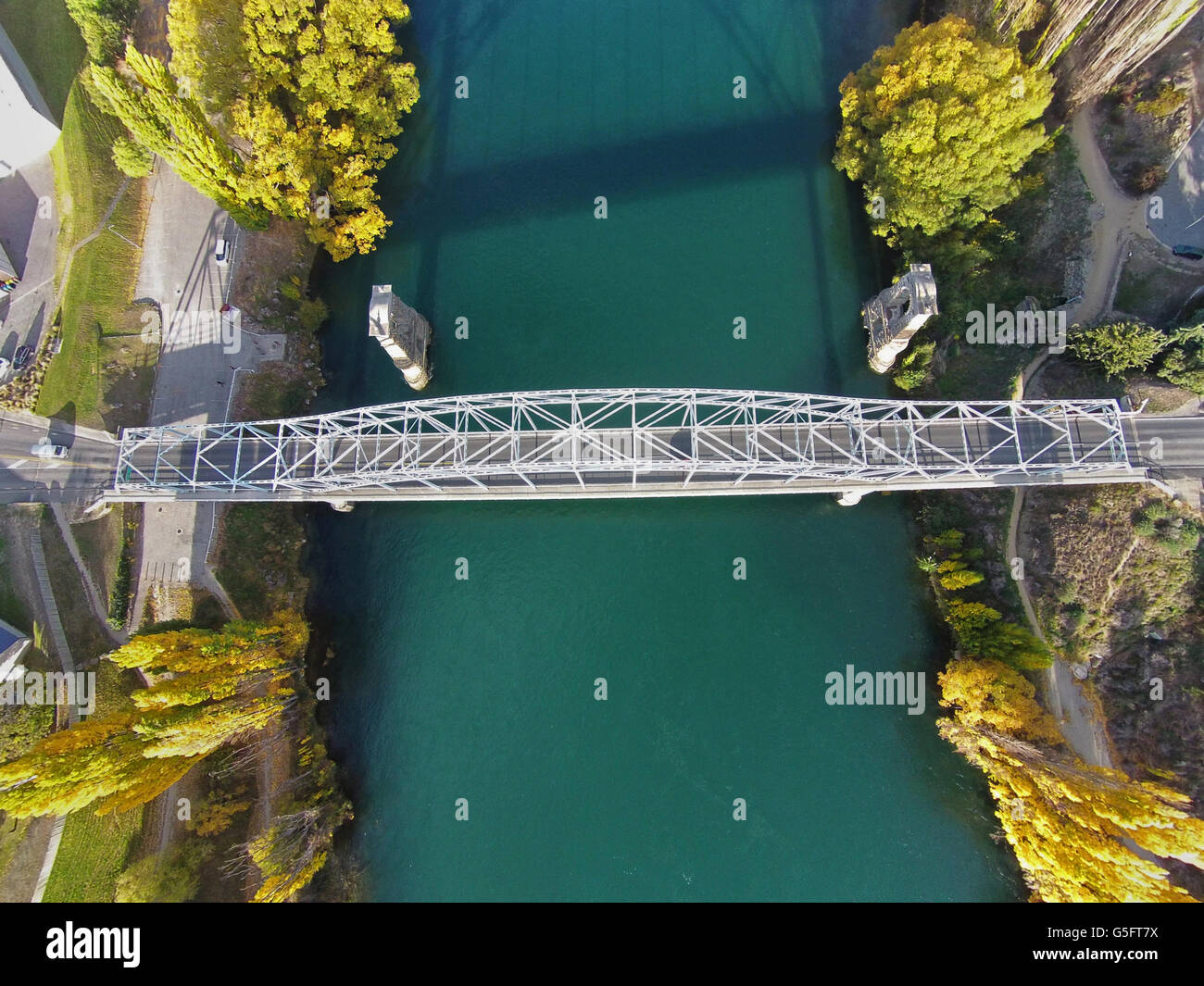 Alexandra Bridge and Clutha River in autumn, Central Otago, South Island, New Zealand - drone aerial Stock Photo