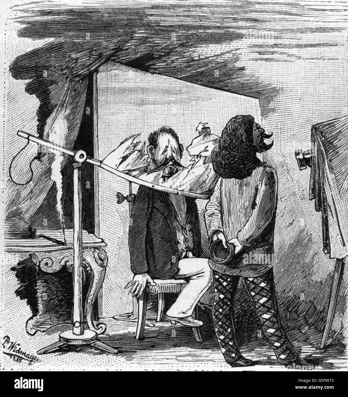 photography, caricature, "Der Lichtschirm oder die Zigarre im  photographischen Atelier" (The Light Screen or the Cigar in the Studio),  fourth picture, wood engraving by Paul Widmayer (* 1856), out of:  "Illustrirte Chronik