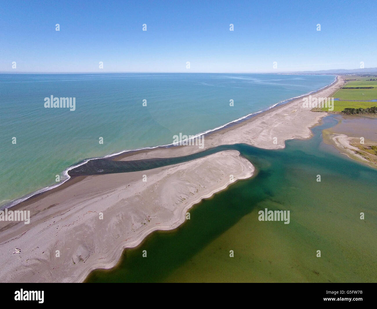Opihi River Mouth, near Temuka, South Canterbury, South Island, New Zealand - drone aerial Stock Photo