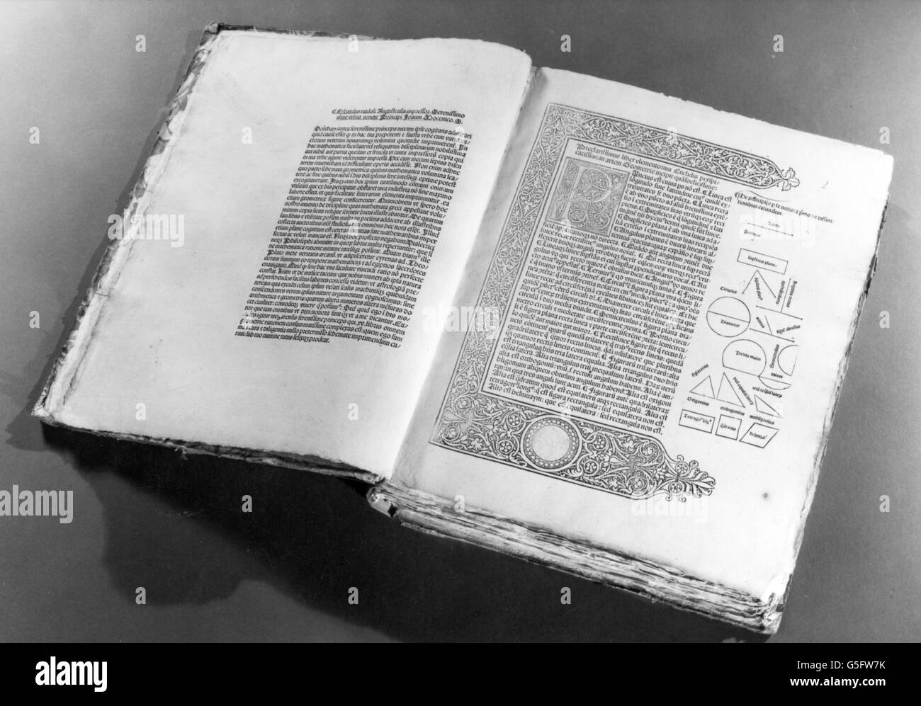 Euclid, circa 365 - 300 BC, Greek mathematician, works, 'Elementa', first printed European edition, 1482, Bavarian National Museum, school museum, Ichenhausen, Stock Photo