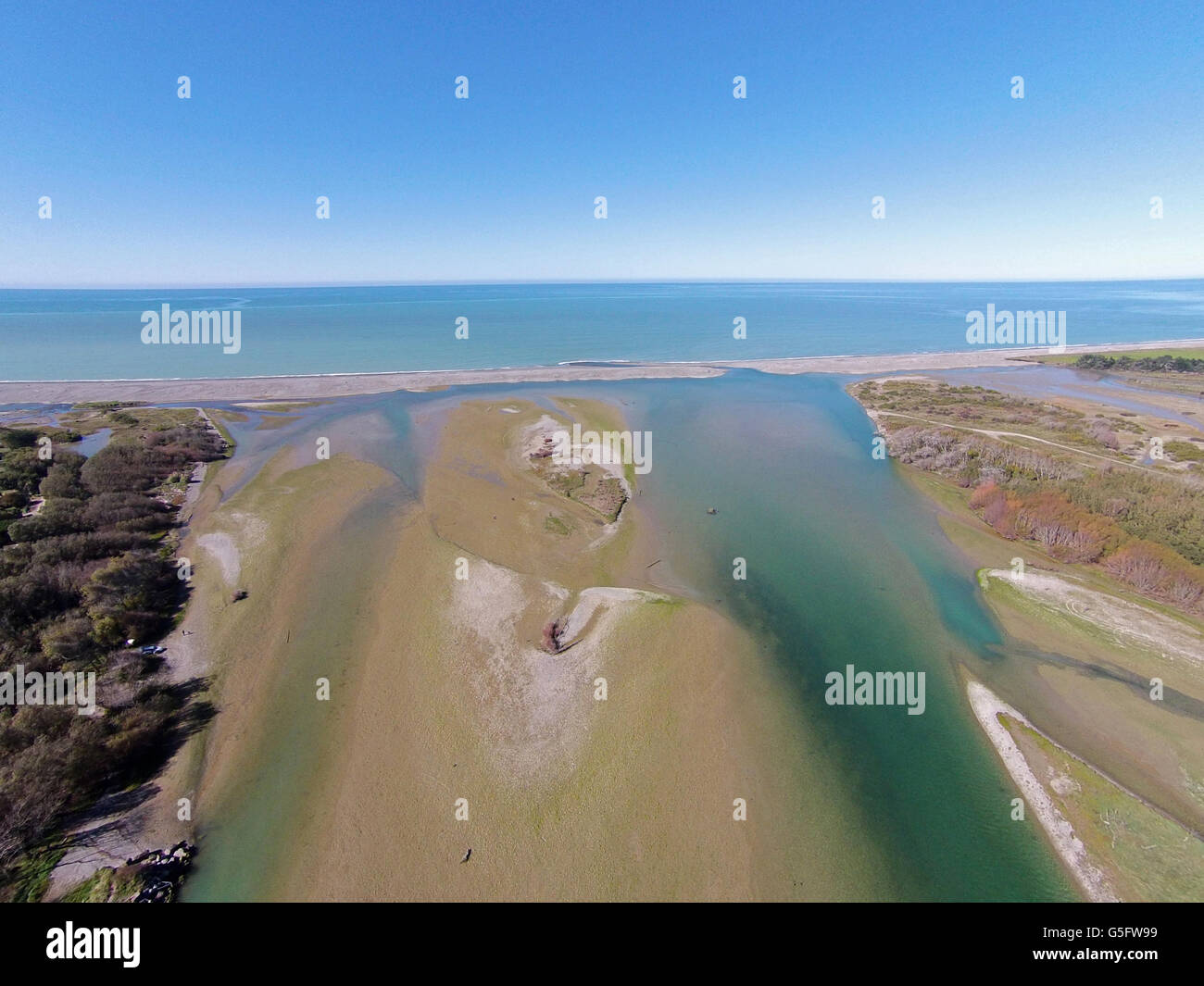 Opihi River Mouth, near Temuka, South Canterbury, South Island, New Zealand - drone aerial Stock Photo