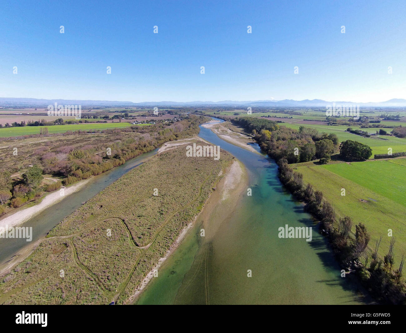 Opihi River near Temuka, South Canterbury, South Island, New Zealand - drone aerial Stock Photo