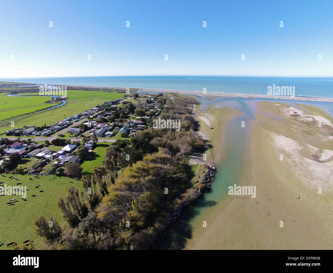 Opihi River Mouth, and Milford Huts, near Temuka, South Canterbury, South Island, New Zealand - drone aerial Stock Photo