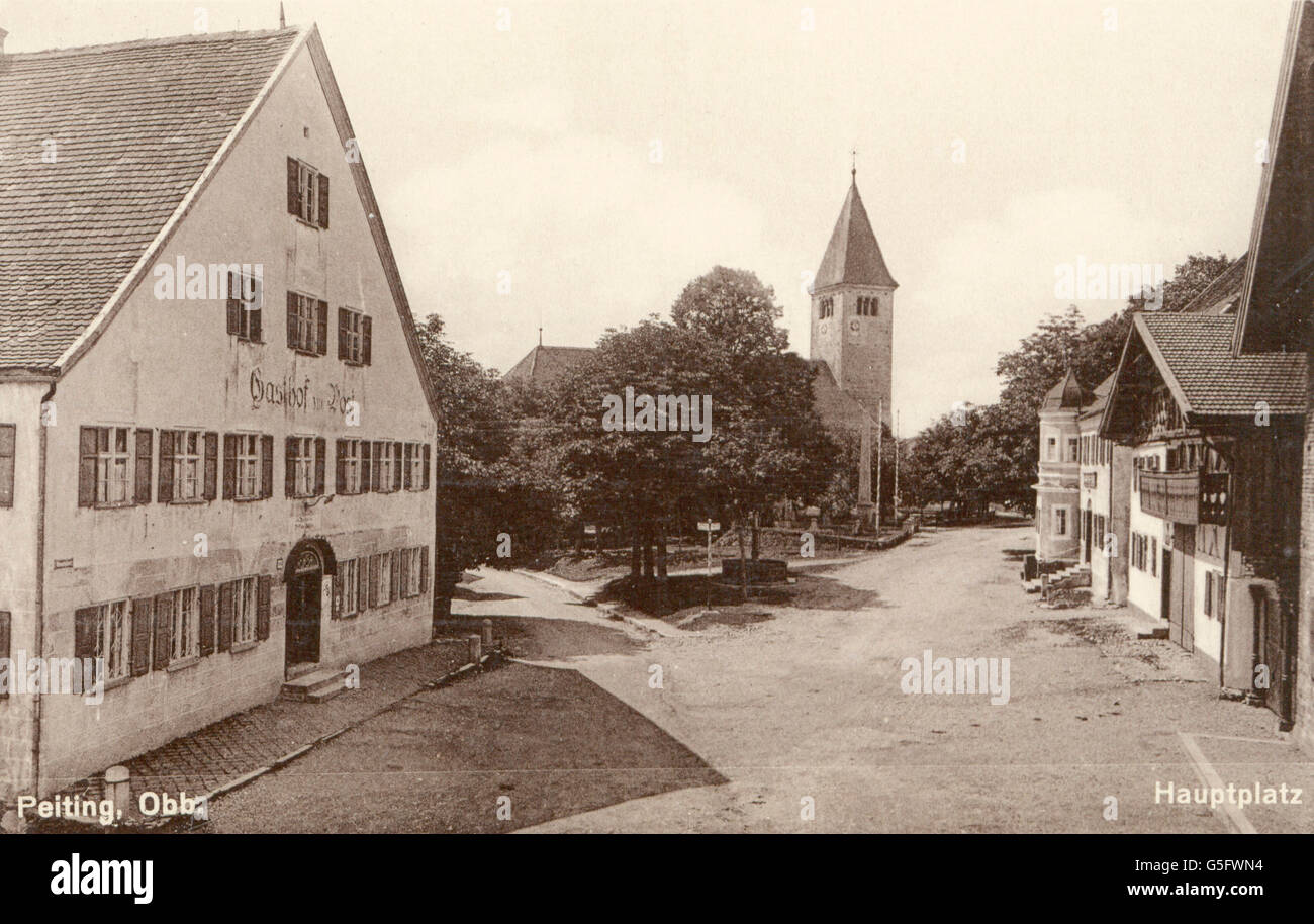 geography / travel, Germany, Peiting, squares, main square with parish church Saint Michael and tavern 'Zur Post', picture postcard, publisher Josef Seelos, circa 1910, Additional-Rights-Clearences-Not Available Stock Photo