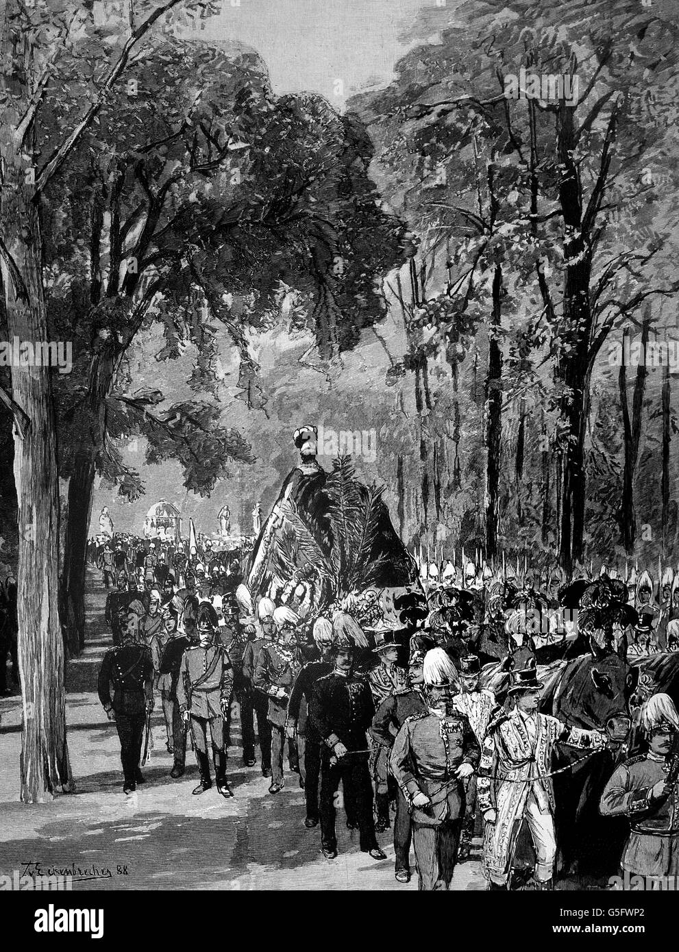 Friedrich III, 18.10.1831 - 15.6.1888, German Emperor 9.3.1888 - 15.6.1888, death, funeral procession in the main avenue of Sanssouci, 18.6.1888, contemporary wood engraving after drawing by Eckenbrecher, Stock Photo