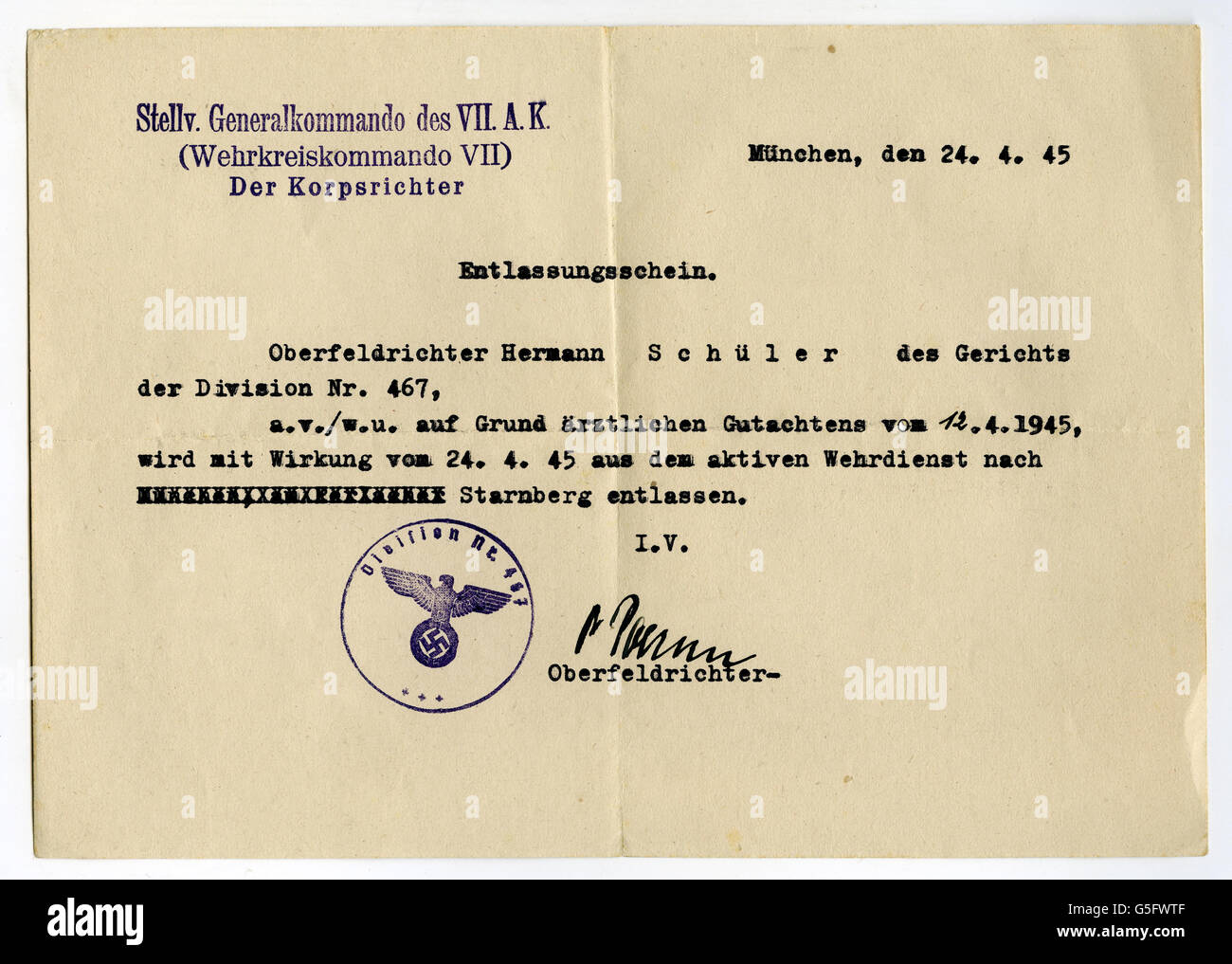 Nazism / National Socialism, documents, certificate of discharge, Hermann Schueler, military judge, for medical reasons, Munich, 24.4.1945, Additional-Rights-Clearences-Not Available Stock Photo