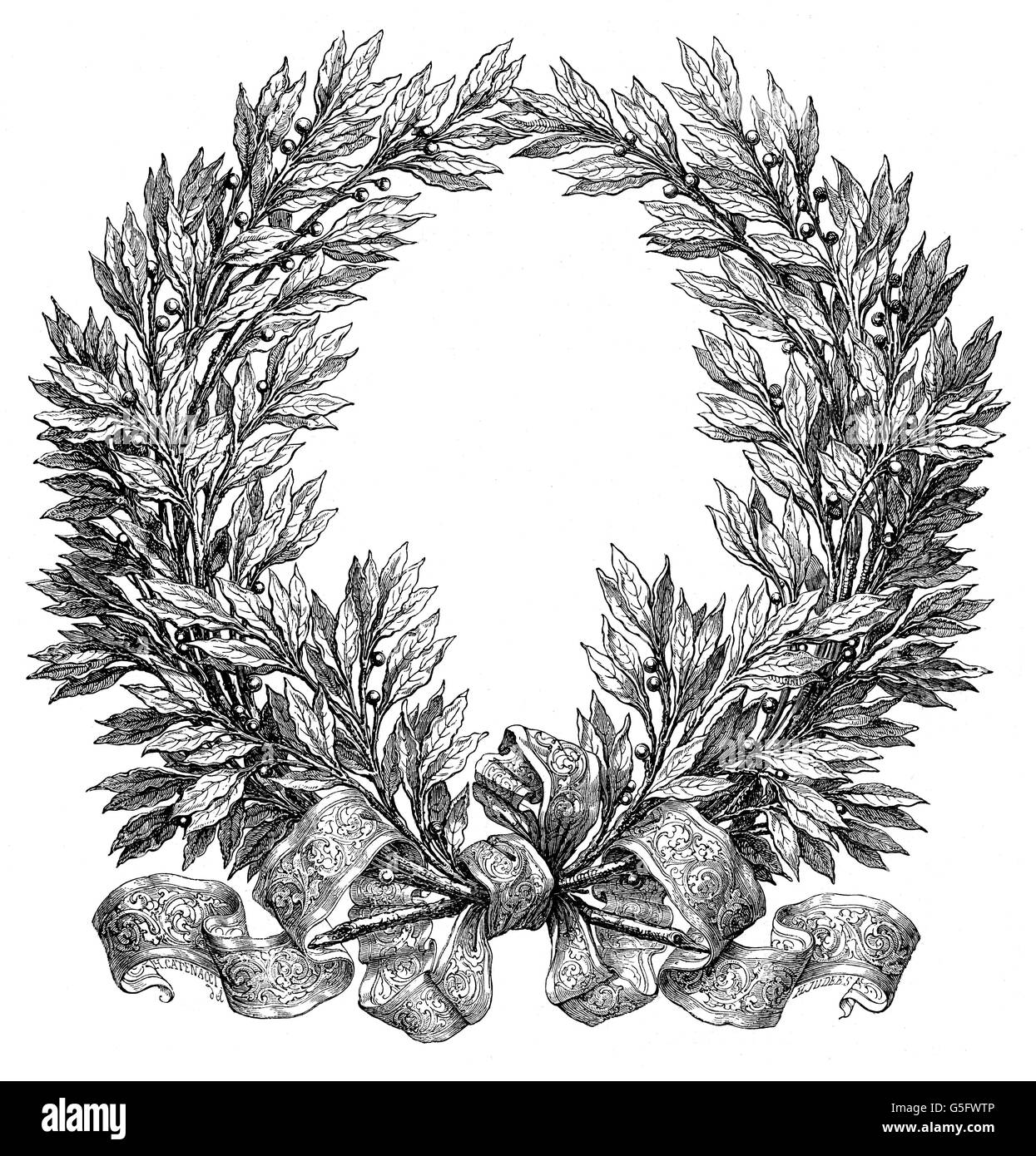 symbols, laurel wreath, wood engraving by Hercule Catenacci, 19th century, laurel, wreath, chaplet, wreaths, chaplets, symbol, symbols, victory, victories, triumph, triumphs, winner, winners, historic, historical, Additional-Rights-Clearences-Not Available Stock Photo