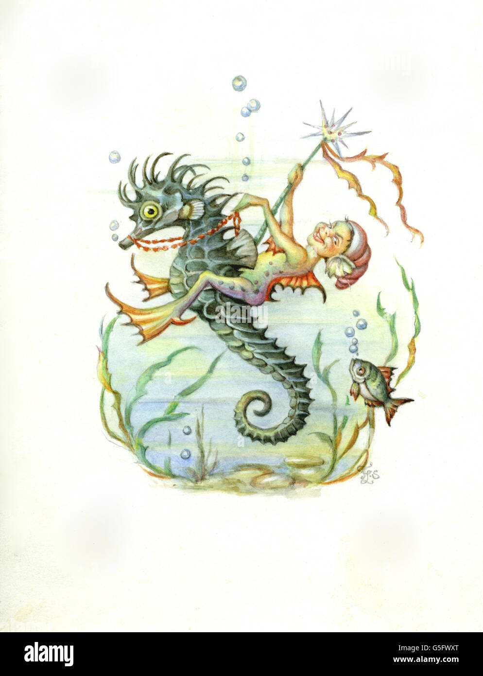 superstition, mythical creatures, merman riding on a seahorse, drawing, 20th century, sea, historic, historical, Additional-Rights-Clearences-Not Available Stock Photo