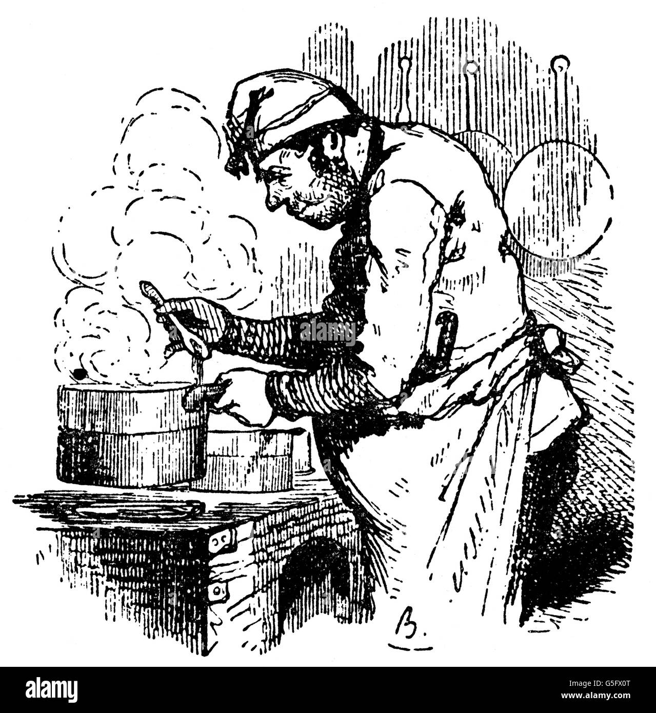 gastronomy, cooks, chef at stove, by Bertall, (1820 - 1882), drawing, 19th century, 19th century, graphic, graphics, caricature, caricatures, satire, half length, profile, side-face, profiles, profession, professions, cap, caps, apron, aprons, standing, spoon, spoons, pot, pots, stove, stoves, cooking, boil, boiling, boiled, cook, cooks, chef, chefs, historic, historical, male, man, people, men, Additional-Rights-Clearences-Not Available Stock Photo