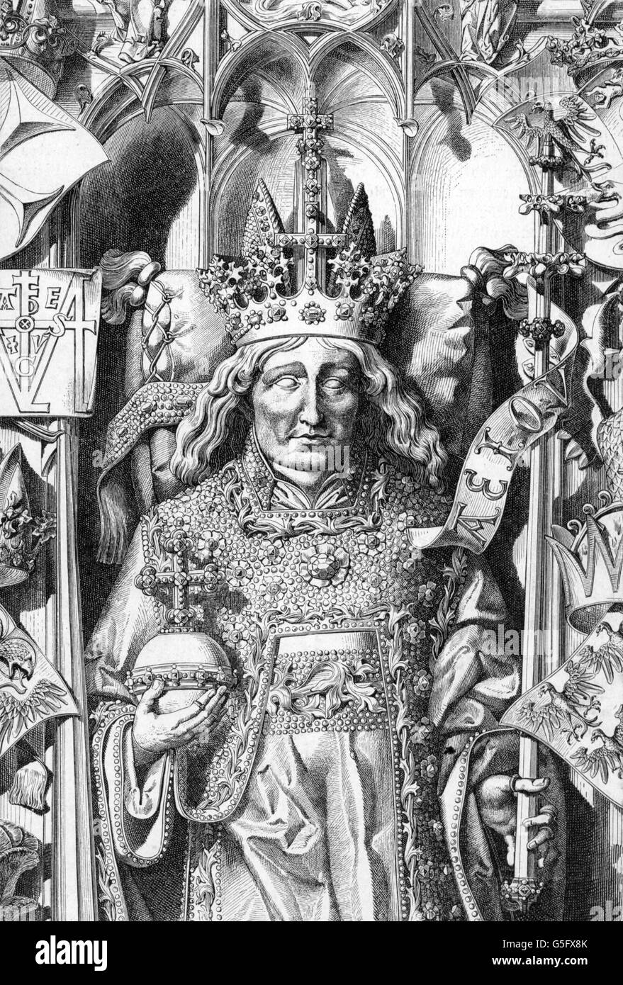 Frederick III 'the Peaceful', 21.9.1415 - 19.8.1493, Holy Roman Emperor 16.3.1452 - 19.8.1493, half length, sculpture, grave in St. Stephan's Cathedral, Vienna, 1493, wood engraving, 19th century, Stock Photo