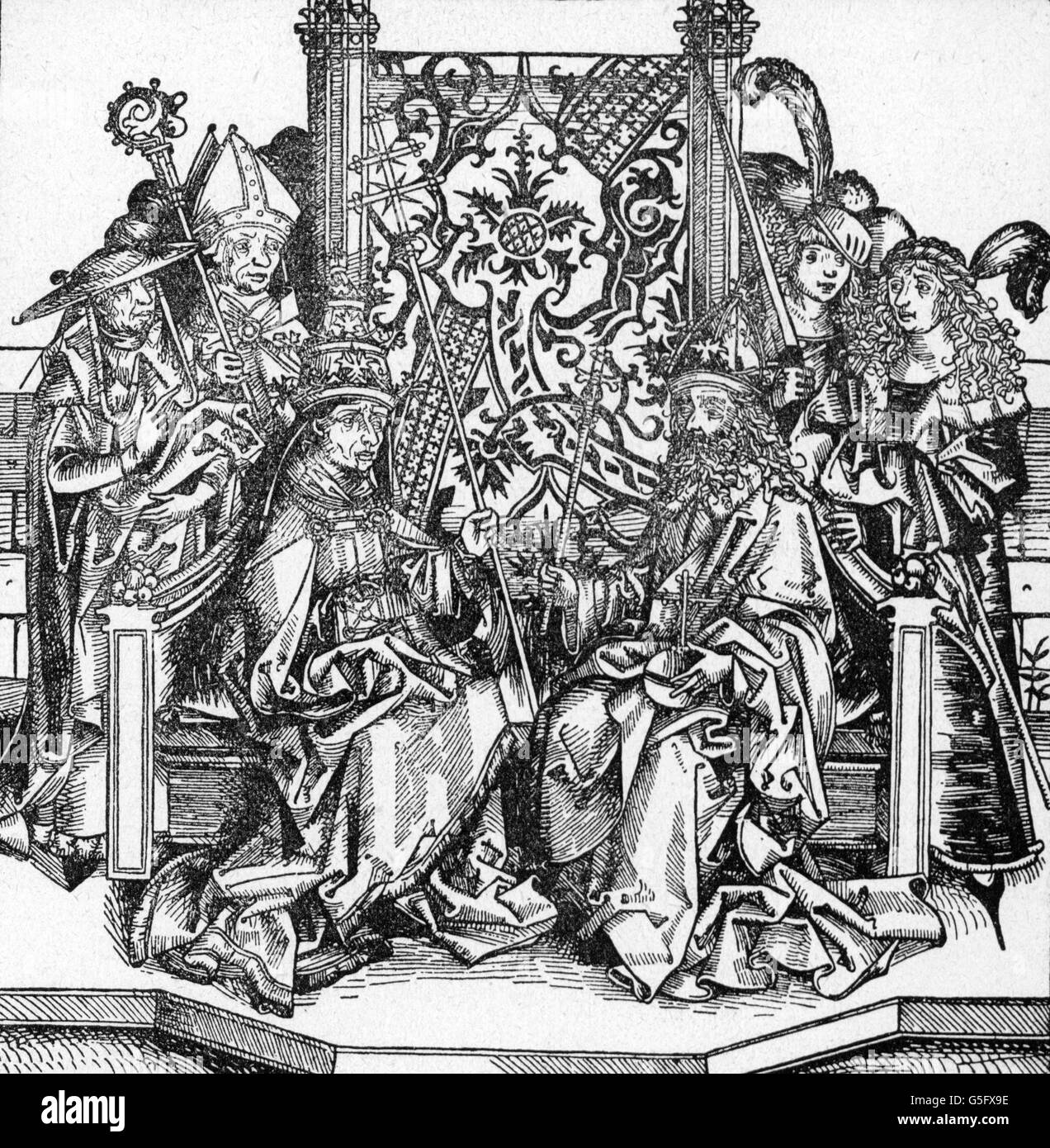 Frederick III 'the Peaceful', 21.9.1415 - 19.8.1493, Holy Roman Emperor 16.3.1452 - 19.8.1493, full length, with Pope Pius II, woodcut by Michael Wolgemut or Wilhelm Pleydenwurff for the chronicle of Hartmann Schedel, Nuremberg, 1493, Artist's Copyright has not to be cleared Stock Photo