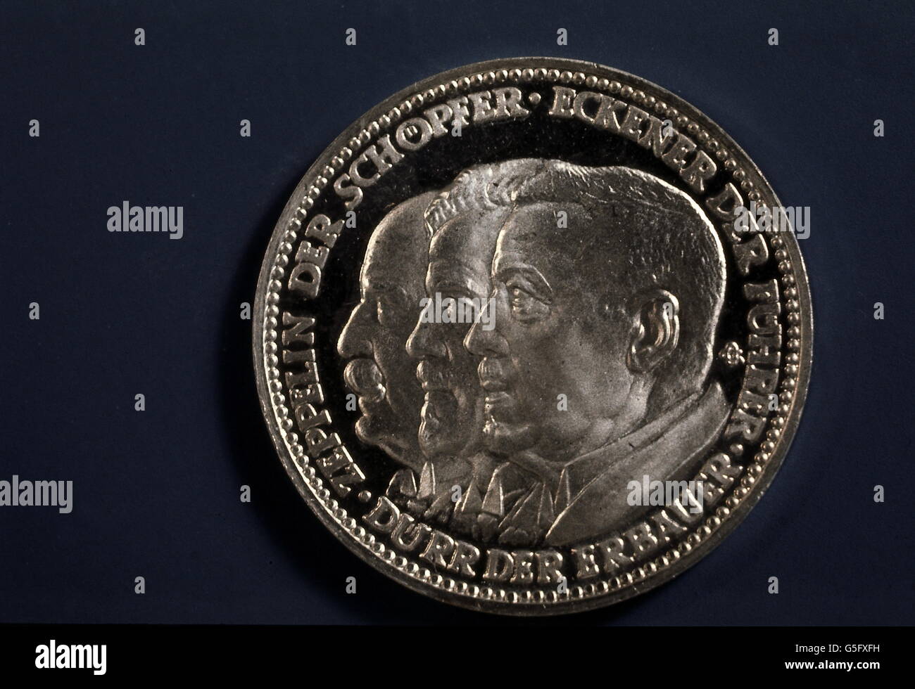 money / finance, coin, Germany, commemorative coin, 1st world flight of the airship 'Graf Zeppelin', 1929, silver, with portraits of Ferdinand Graf Zeppelin, Dr. Hugo Eckener  & Ludwig Dürr, , Additional-Rights-Clearences-Not Available Stock Photo
