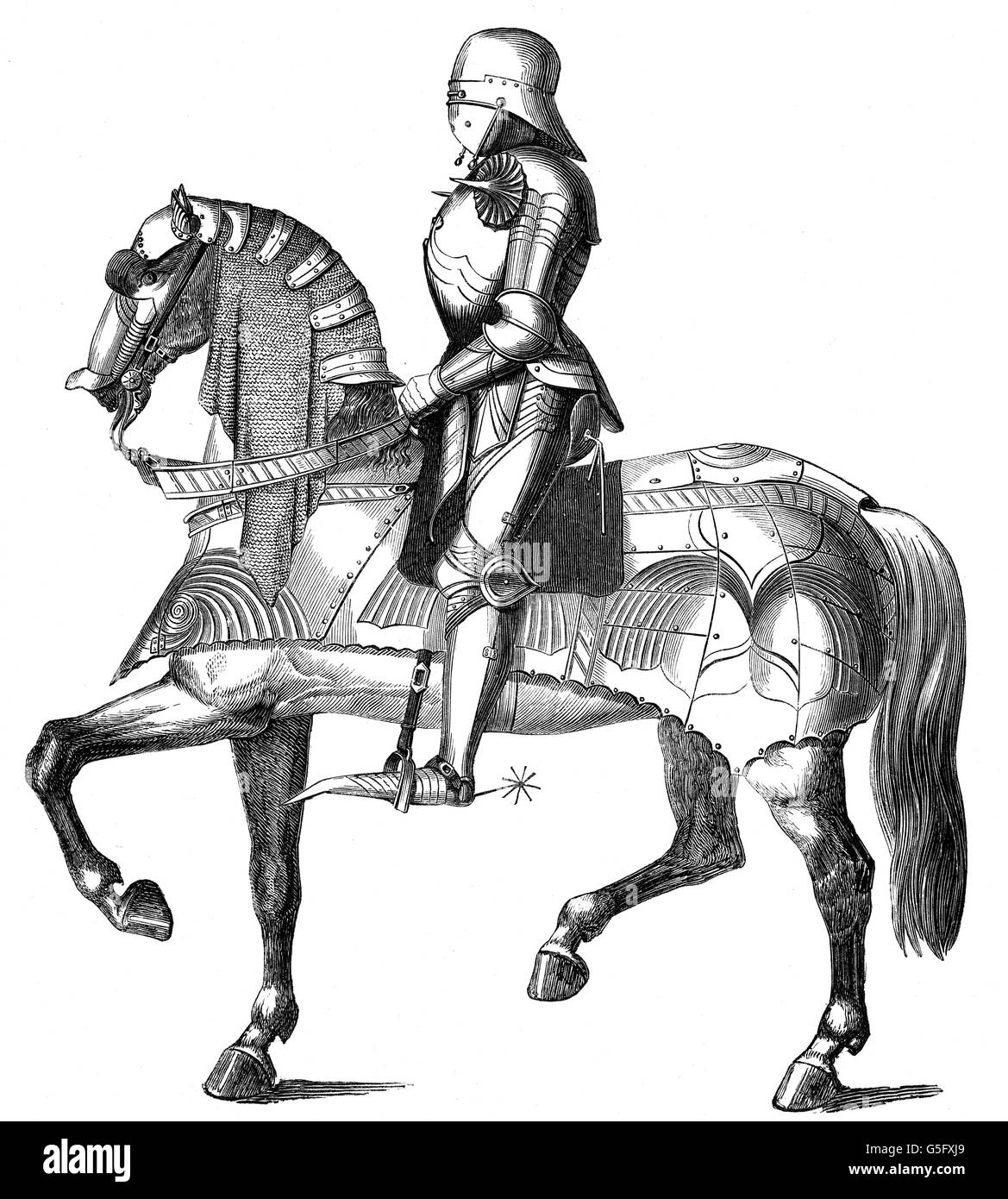 military, Middle Ages, knight in full armour, 15th century, wood engraving, 19th century, horse, horses, armament, armaments, spurs, spur, poulaine, crackowes, soldier, soldiers, warrior, warriors, rider, riders, cavalryman, cavalrymen, protection, troop, troops, army, armies, knight's armour, knight's armor, armour, armor, historic, historical, medieval, NOT, people, Additional-Rights-Clearences-Not Available Stock Photo