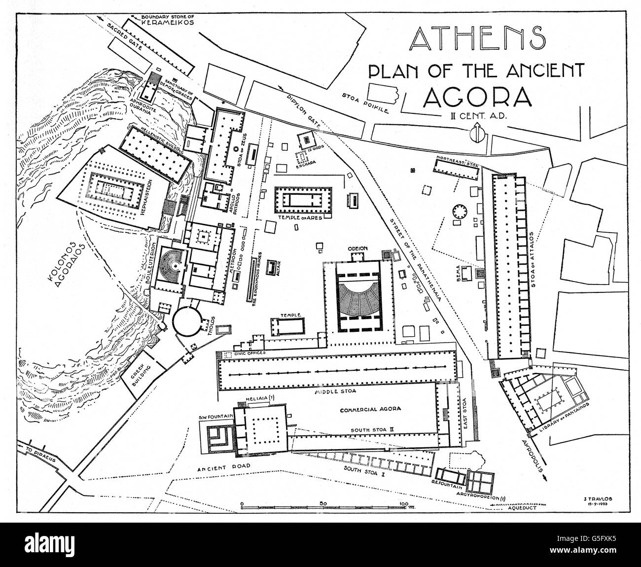 geography / travel, Greece, Athens, agora, in the 2nd century AD, site plan, drawing by J. Travlos, American School of Classic Studies, 1955, Additional-Rights-Clearences-Not Available Stock Photo