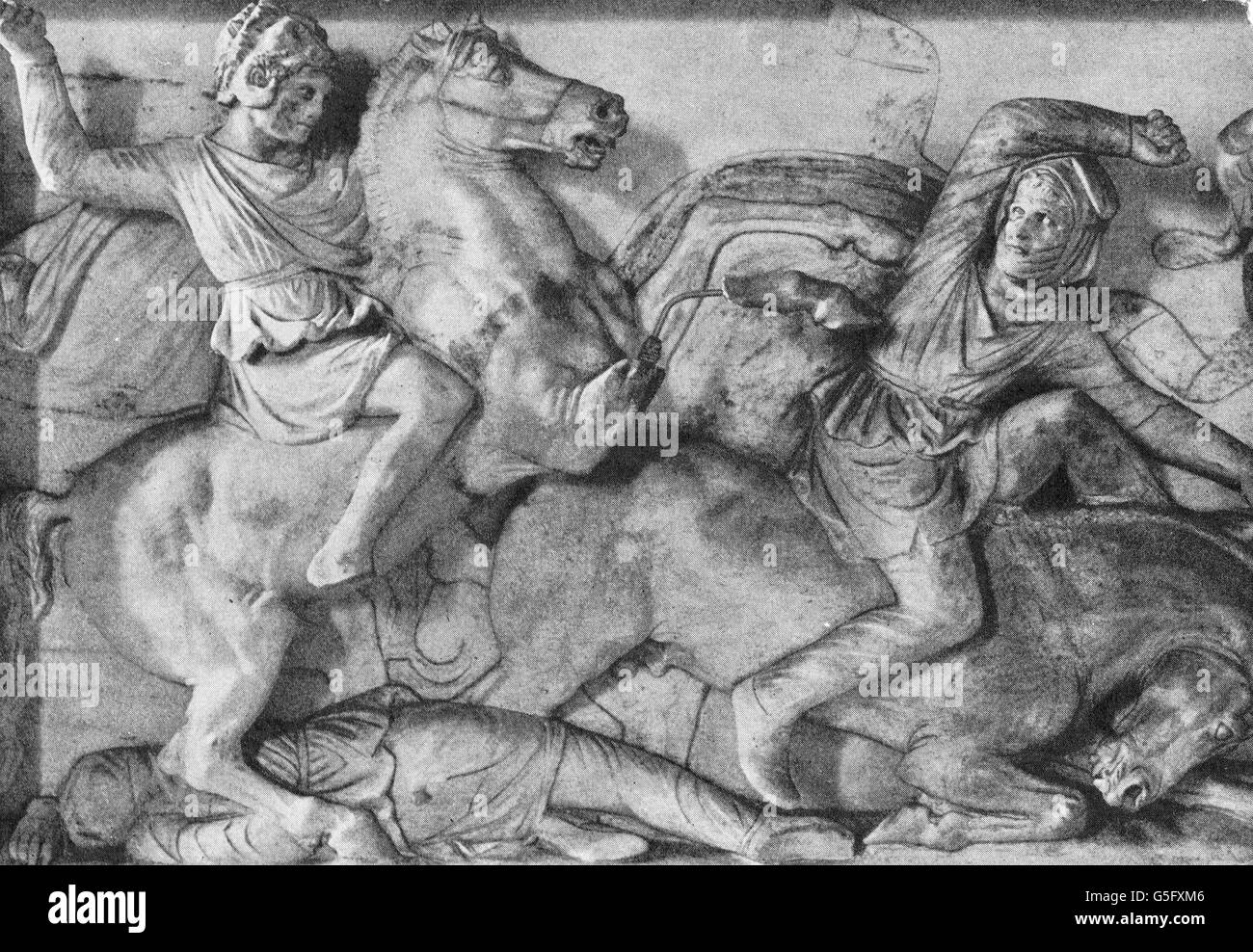 Alexander III 'the Great', 20.7.356 - 10.6.323 BC, King of Macedon 336 - 323 BC, fight against the Persians, Alexander sarcophagus, Sidon, circa 325 BC, detail, Stock Photo