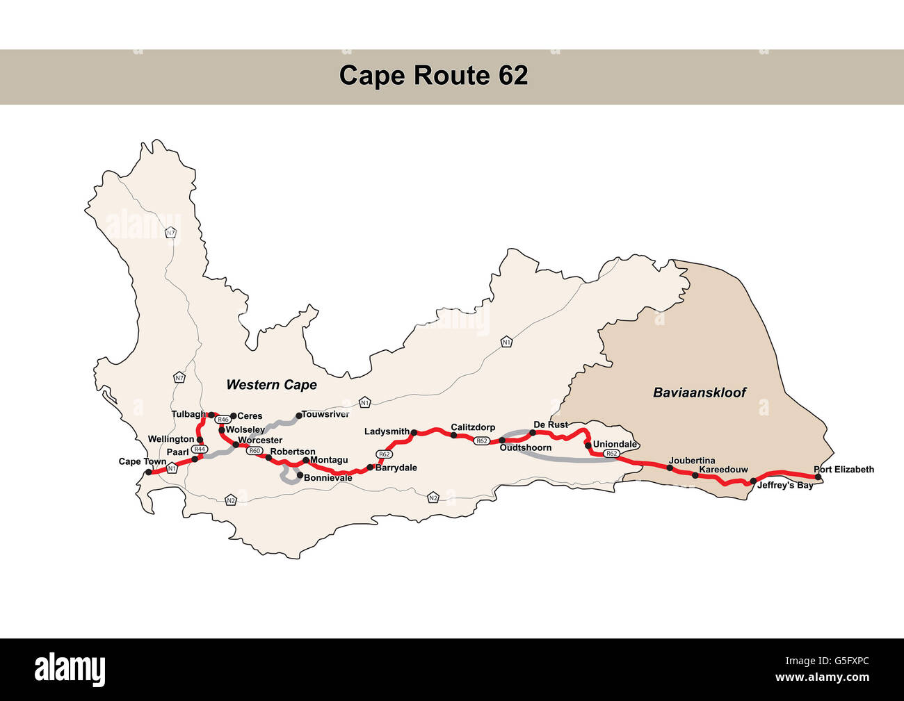 Cape Route 62 map, South Africa. Stock Photo