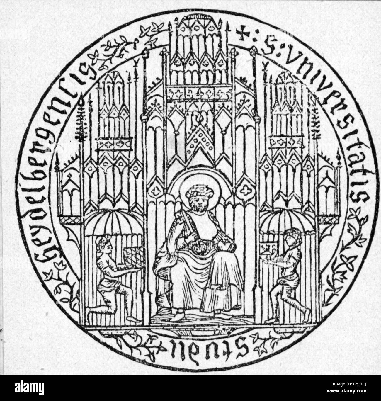 pedagogy, university, seal, Heidelberg, woodcut, 15th century, 15th century, Middle Ages, medieval, mediaeval, graphic, graphics, Germany, symbol, symbols, supporter, supporters, Saint Peter, Saint, Christianity, religion, religions, holding, hold, keys, key, coat of arms, pedagogy, paedagogy, education, university, universities, woodcut, woodcuts, historic, historical, people, Additional-Rights-Clearences-Not Available Stock Photo