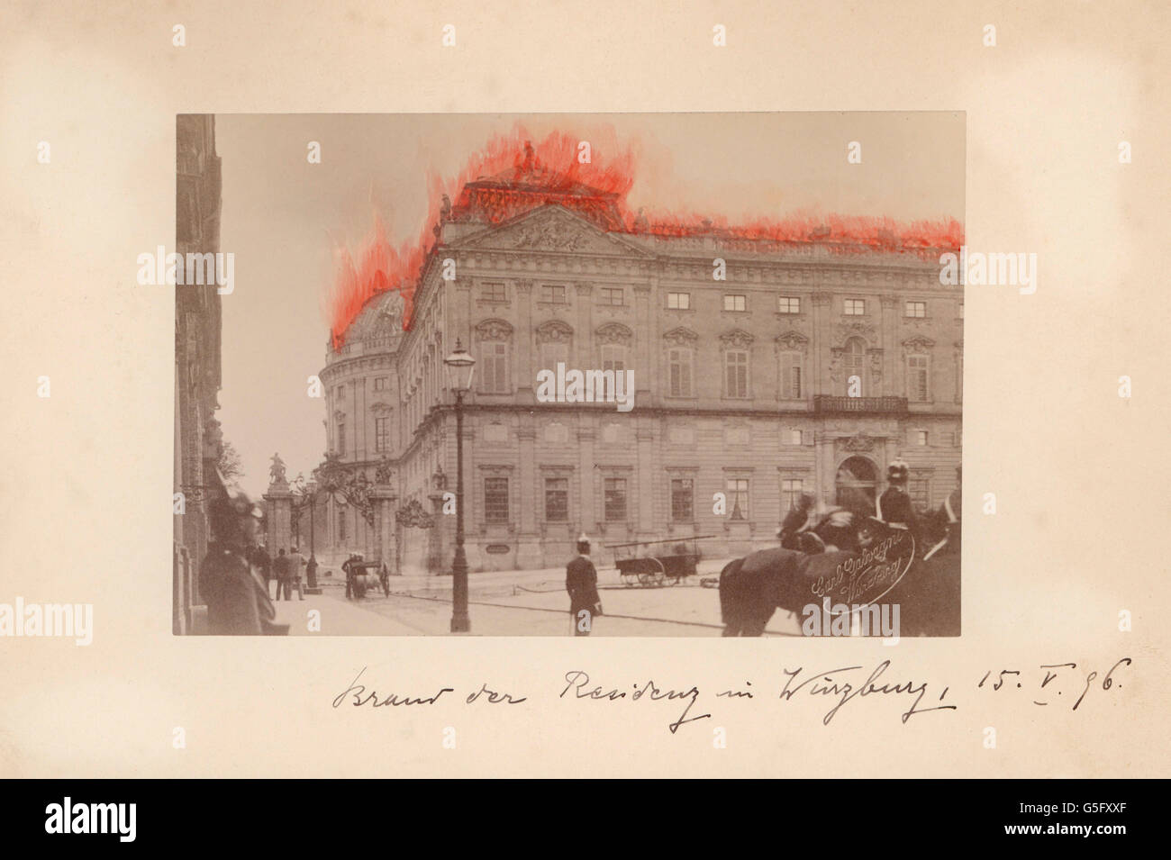 fire of the Wuerzburg Residenz, 15.5.1896, retouched cabinet card by Carl Galvangni, Wuerzburg, 1896, retouching, rework, fire brigade, fire department, fire brigades, fire departments, police, flames, flame, palace, palaces, castle, castles, people, Lower Franconia, Kingdom of Bavaria, German Empire, Imperial Era, 19th century, fire, fires, historic, historical, Additional-Rights-Clearences-Not Available Stock Photo