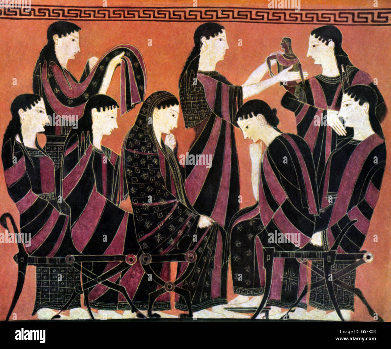 ancient world, Greece, people, women sitting together, black-figured painting, circa 6th century BC, fashion, clothes, furniture, chair, chairs, folding chair, collapsible chair, society, societies, historic, historical, ancient world, Additional-Rights-Clearences-Not Available Stock Photo