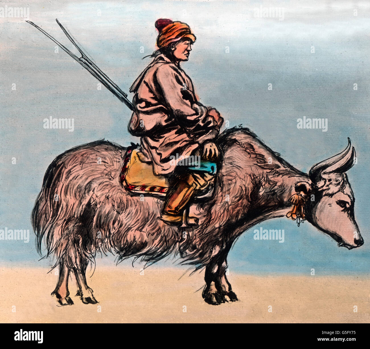Der Vater aller Räuber. The 'father of all thiieves'. travel, history, historical, 1910s, 20th century, archive, Carl Simon, hand coloured glass slide, illustration, man, robber, thief, gangster, yak, cattle, rider, riding, array Stock Photo