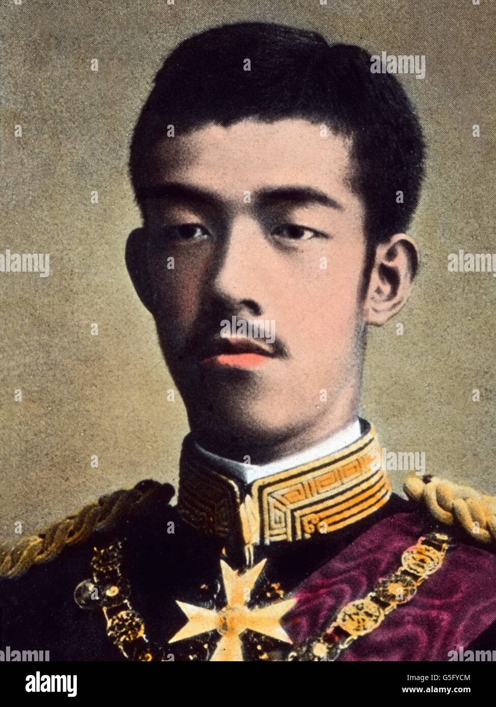 Der Kaiser von Japan. Japanese emperor Hirohito. travel, history, historical, 1910s, 20th century, archive, Carl Simon, hand coloured glass slide, man, emperor, imperial, uniform, order, portrait, soldier, official Stock Photo