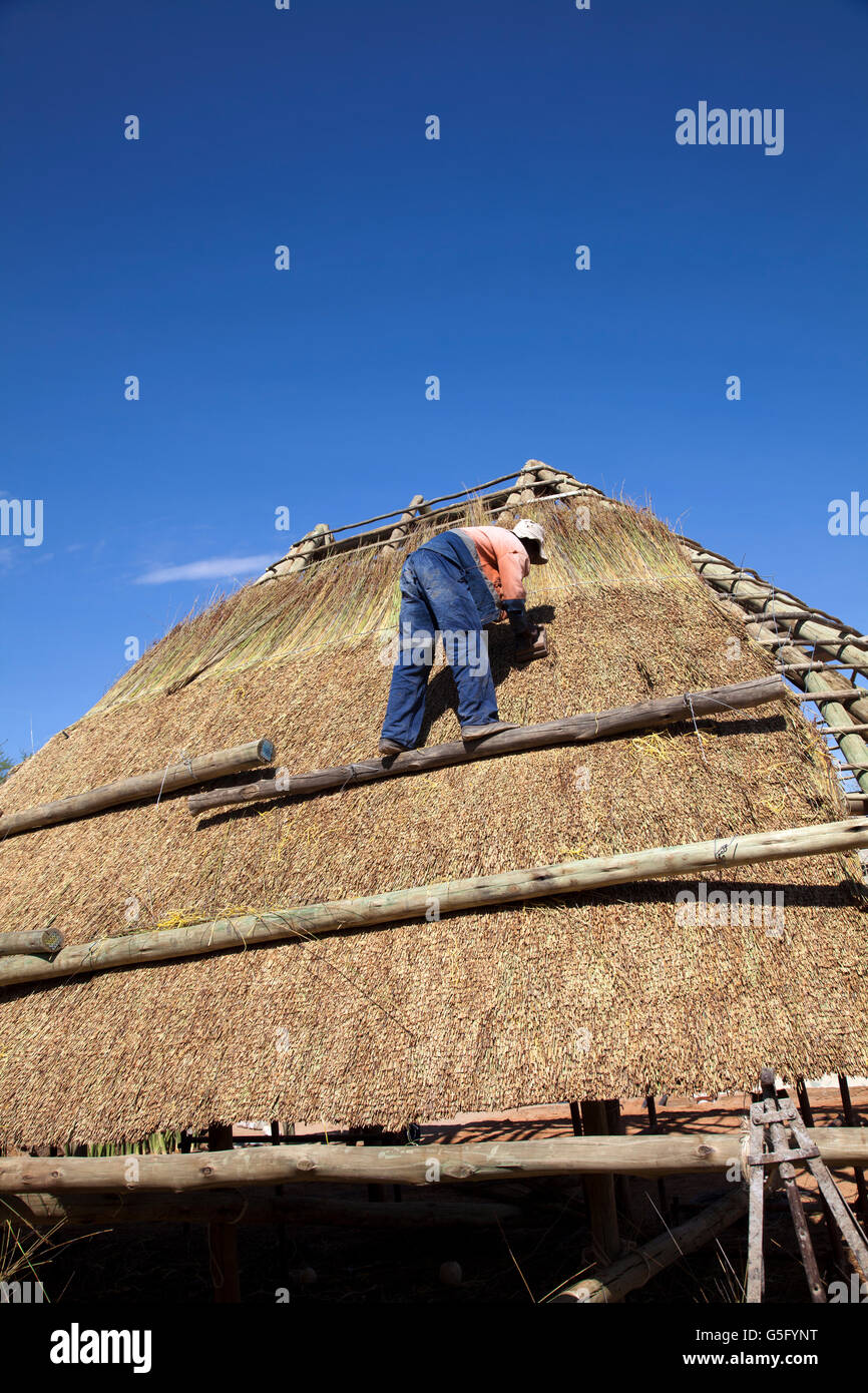 Laborer at Solitaire Lodge Building Thatch Roof Namibia Stock Photo