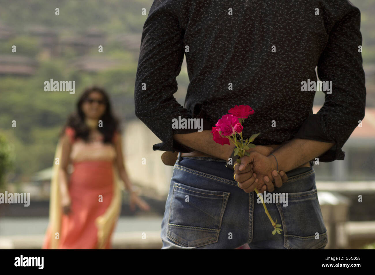 Boyfriend about to propose to his girlfriend, Lavasa city, Pune, Maharashtra, India Stock Photo