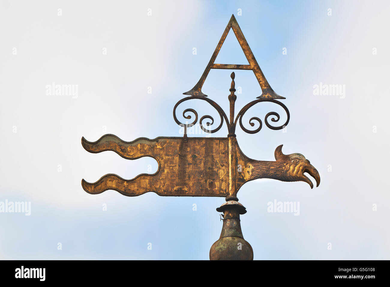 St Anne & St Agnes church, London: weathervane letter A with beaked bird Stock Photo