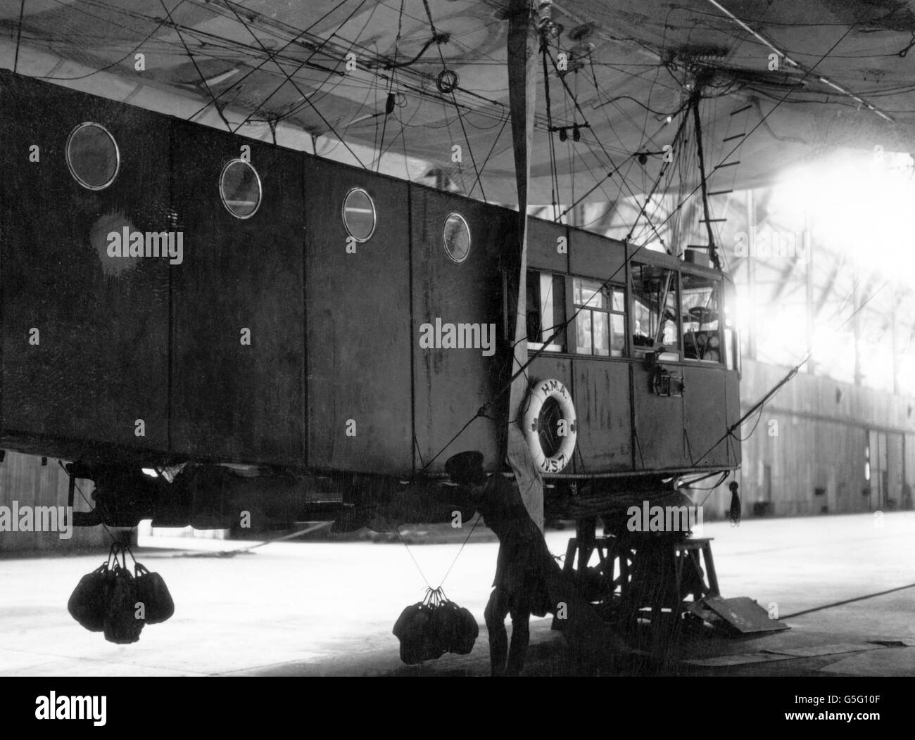 The loaded bomb rack of a large Coastal Airship used for bombing U-Boats. Stock Photo