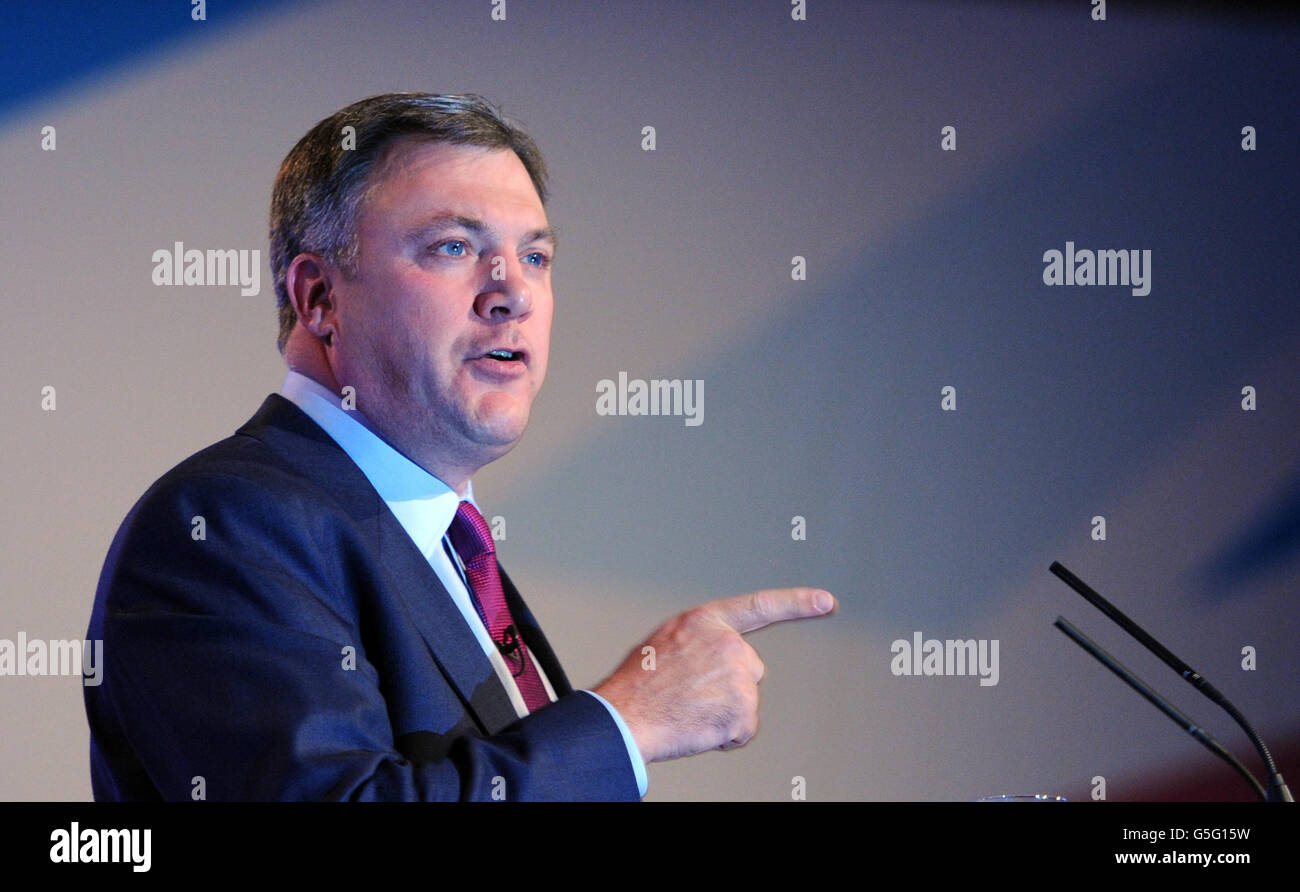 Shadow chancellor Ed Balls delivers his keynote address to the Labour Party conference in Manchester today. Stock Photo