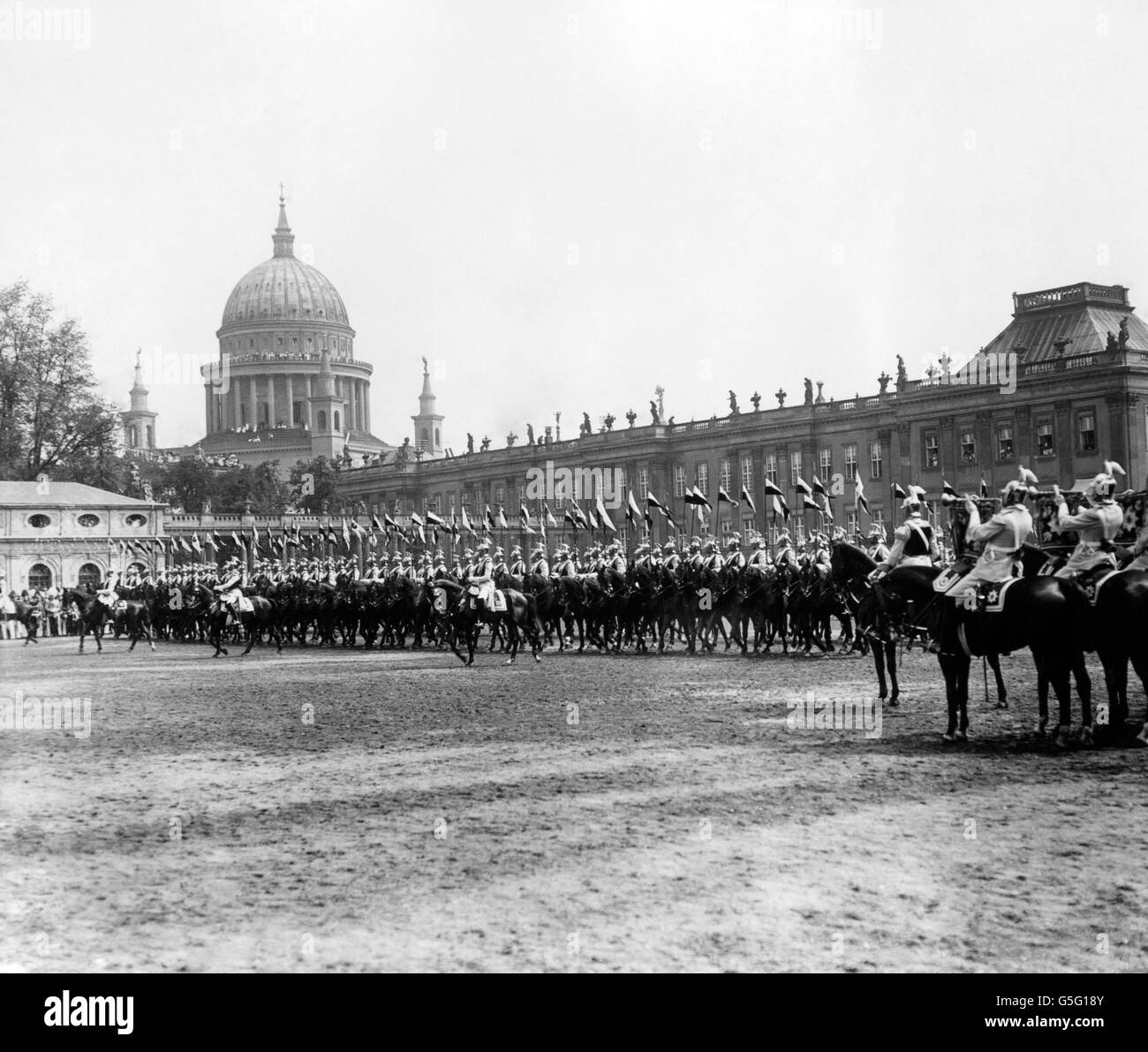 A lancer regiment marches during the 1913 Potsdam Review in Germany. Stock Photo