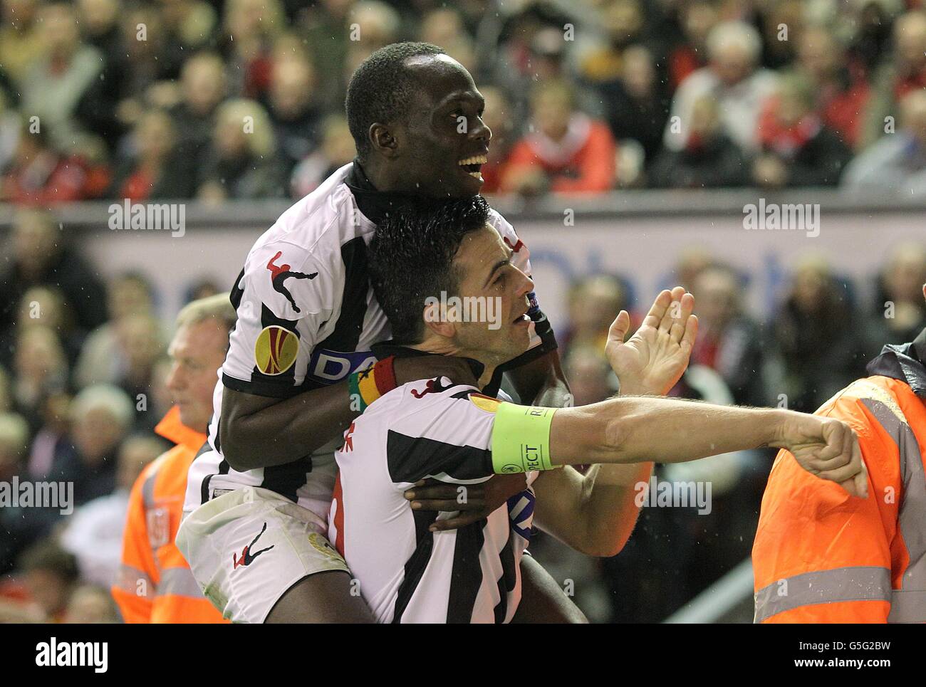 Udinese's Antonio Di Natale celebrates scoring their first goal of the game with team-mate Emmanuel Agyemang-Badu (left) Stock Photo