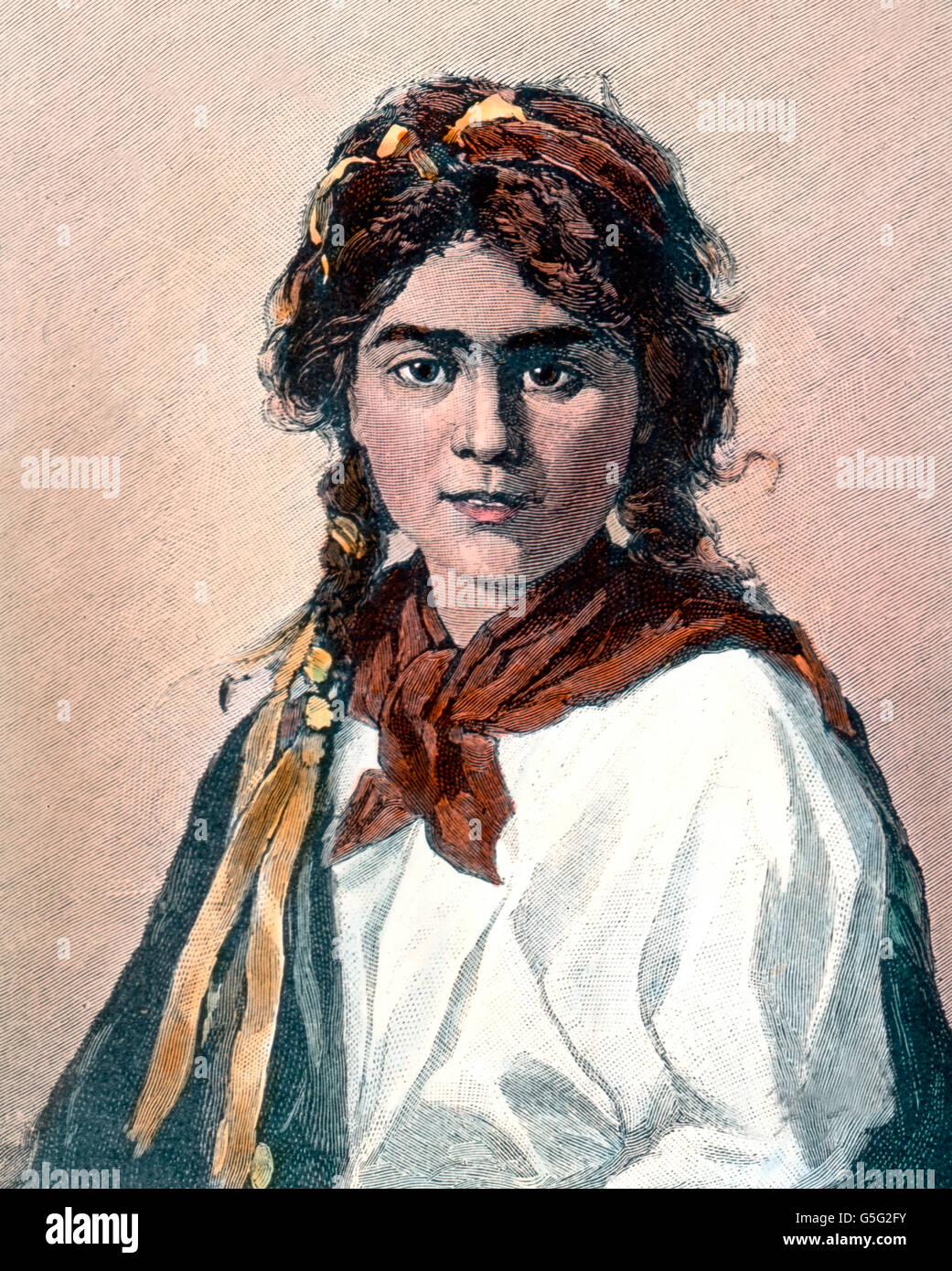 Porträt einer Zigeunerin. Portrait of a Gypsy woman. Romania, Southeastern Europe, Balkan, history, historical, 1910s, 1920s, 20th century, archive, Carl Simon, hand coloured glass slide, woman, illustration, portrait, array, traditional Stock Photo