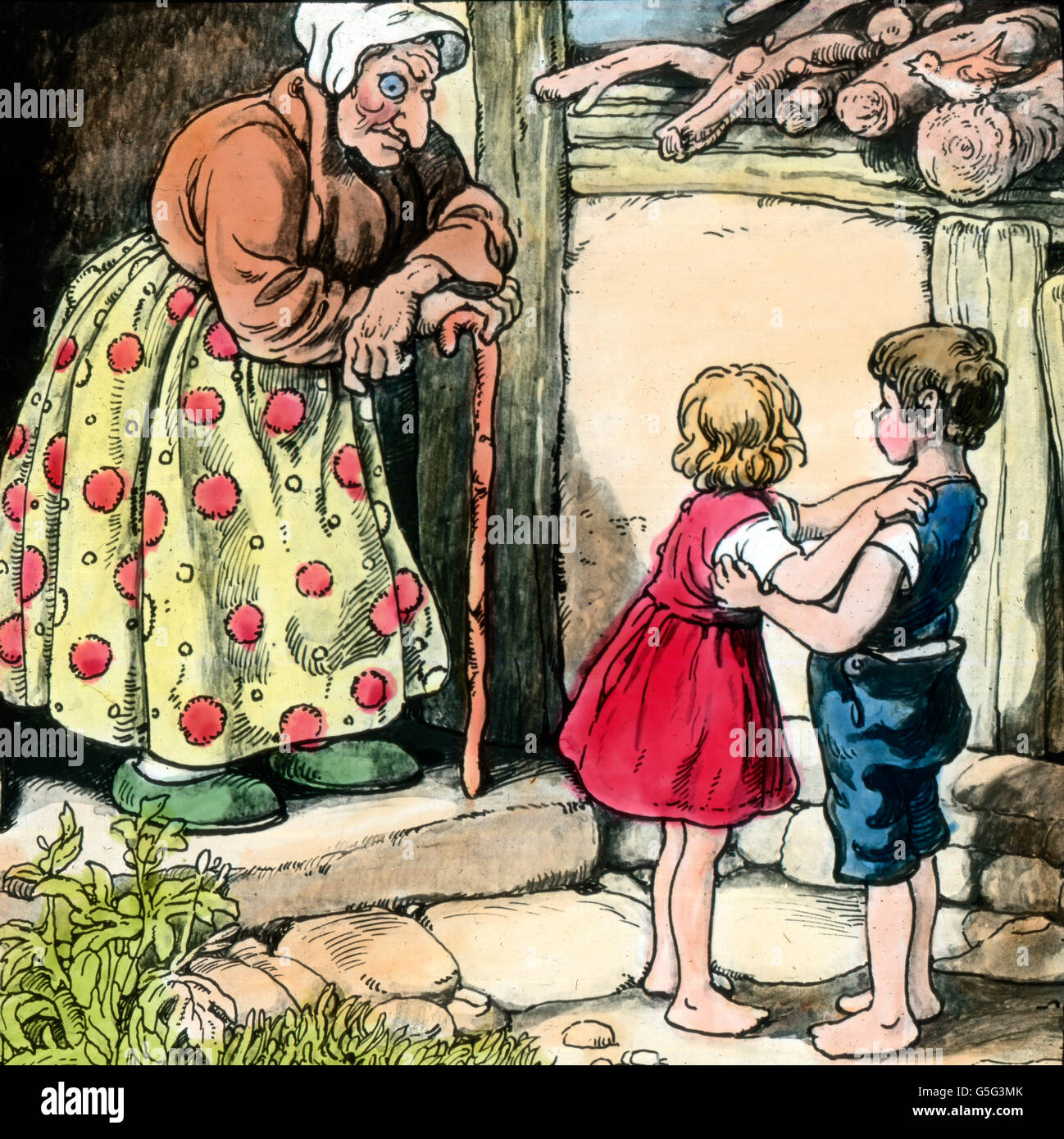 Hänsel und Gretel. Hansel and Gretel. history, historical, 1910s, 1920s, 20th century, archive, Carl Simon, hand coloured glass slide, fairy tale, Grimm Brothers, legend, myth, boy, girl, brother, sister, woman, witch, old, scare Stock Photo