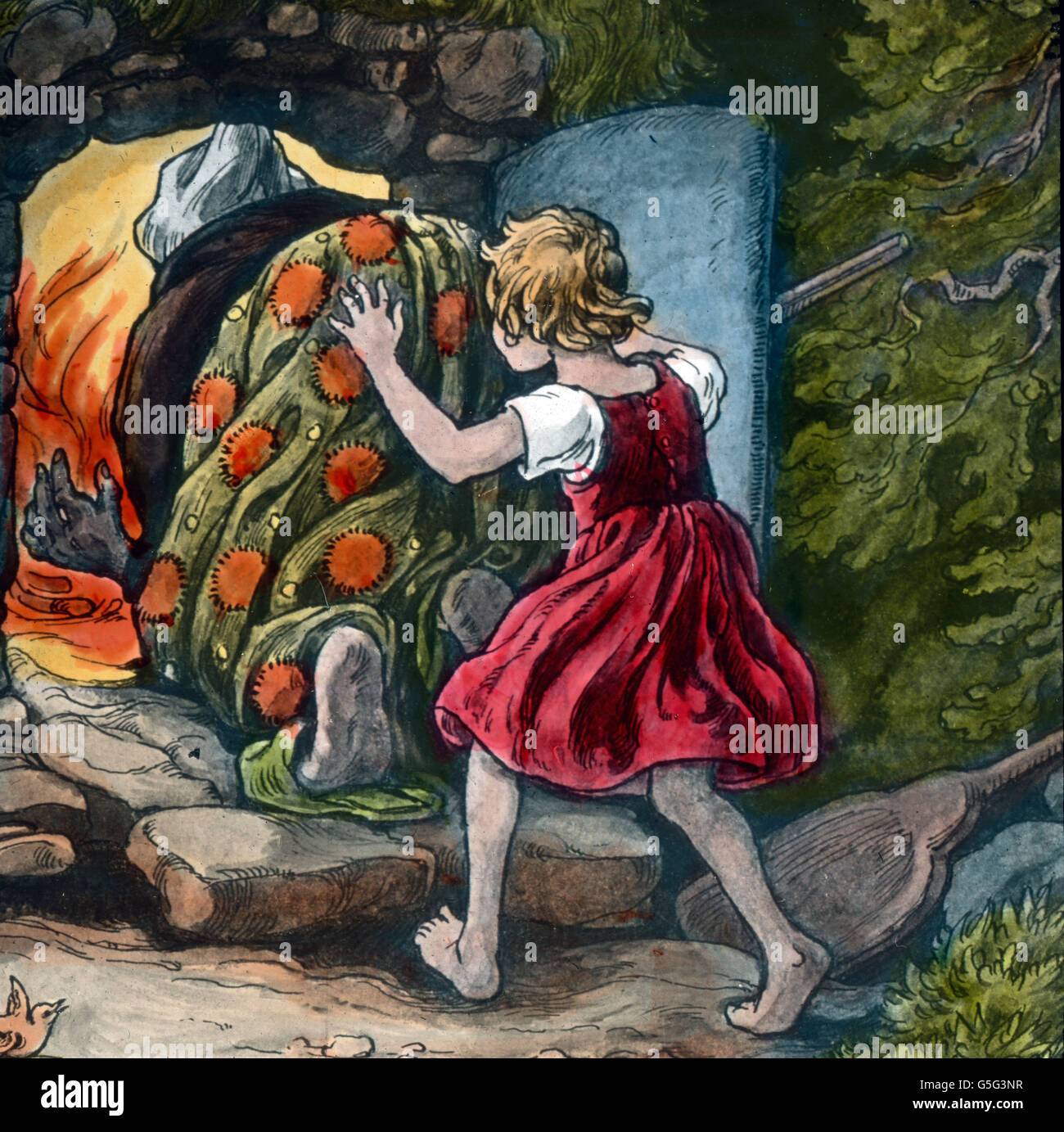 Hänsel und Gretel. Hansel and Gretel. history, historical, 1910s, 1920s,  20th century, archive, Carl Simon, hand coloured glass slide, fairy tale,  Grimm Brothers, legend, myth, girl, sister, woman, witch, old, oven, poking,