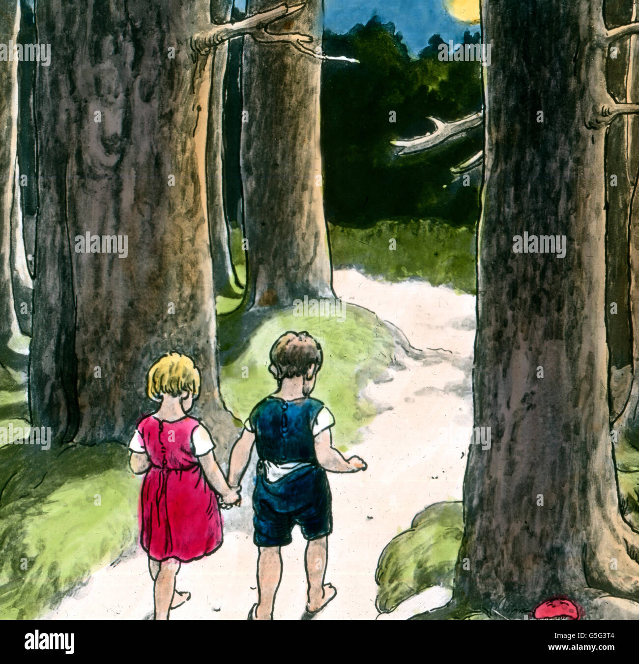 Hänsel und Gretel. Hansel and Gretel. history, historical, 1910s, 1920s, 20th century, archive, Carl Simon, hand coloured glass slide, fairy tale, Grimm Brothers, legend, myth, boy, girl, brother, sister, wood, forest, track, way, night, evening, moon, moonlight, walking, searching Stock Photo