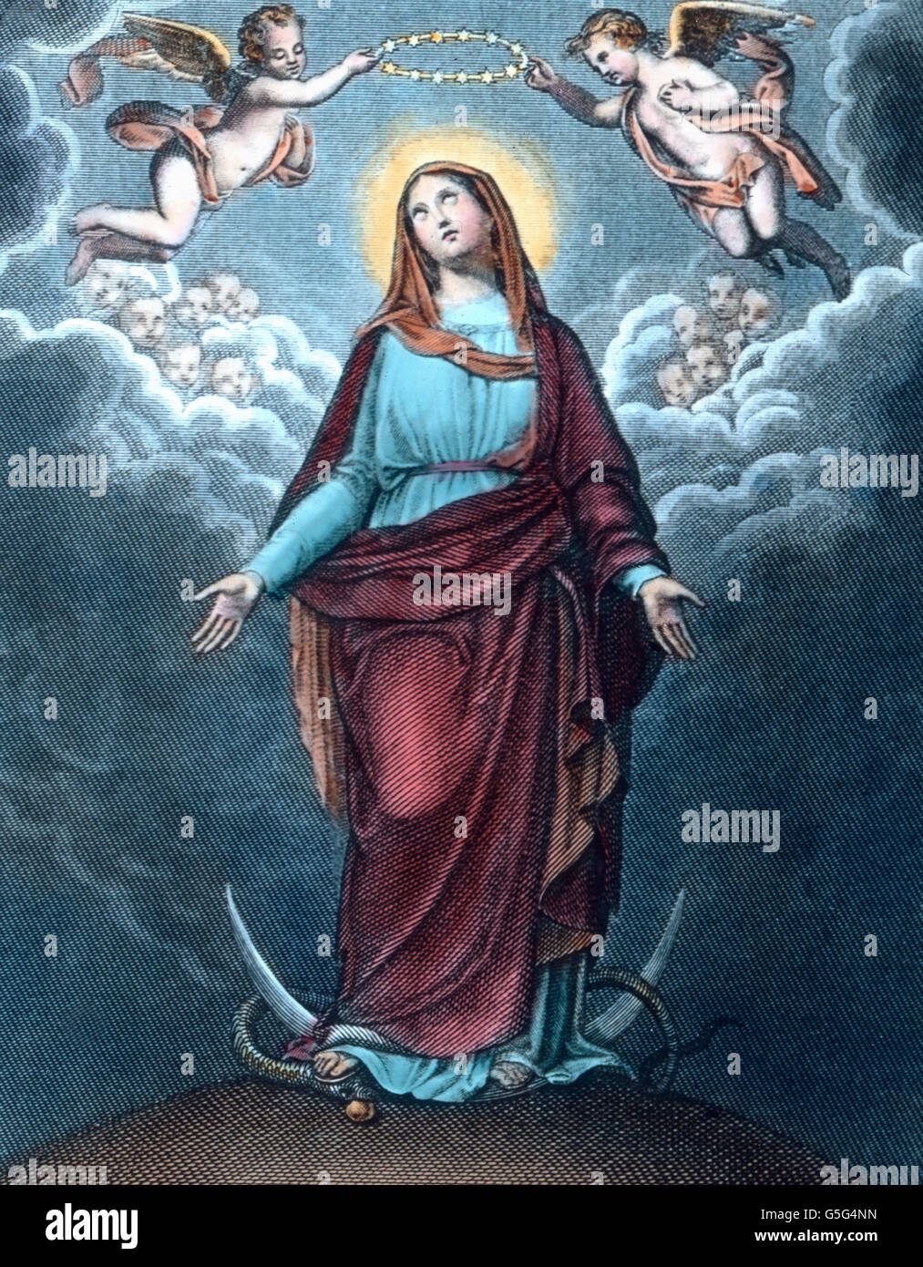 Heilige Maria Mutter Gottes. Holy Virgin Mary. Europe, France, Lourdes, pilgrim, pilgrimage, religion, history, historical, 1910s, 1920s, 20th century, archive, Carl Simon, illustration, virgin, holy, angels, putto, allegory Stock Photo