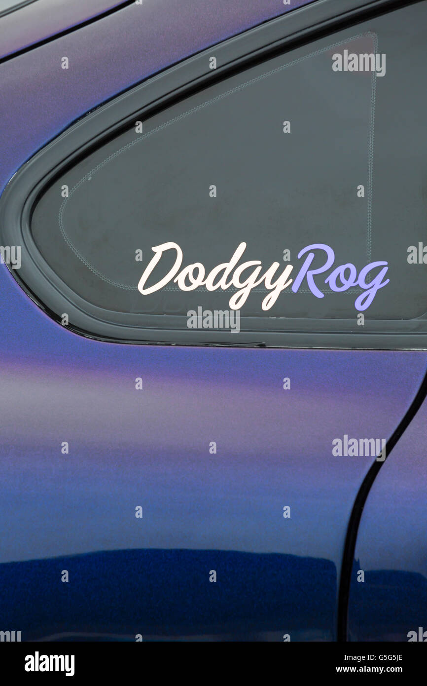 DodgyRog detail on purple car window of car on show at Bournemouth Wheels Festival in June Stock Photo