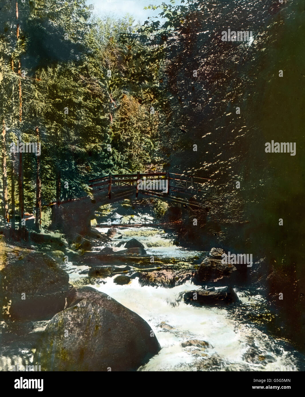 Im Okertal. Inside the Oker valley in the Harz region. Europe, Germany, landscape, mountain range, history, historical, 1910s, 1920s, 20th century, archive, Carl Simon, nature, landscape, creek, river, bridge, wood, forest, trees, flora, fauna, hand coloured glass slide Stock Photo