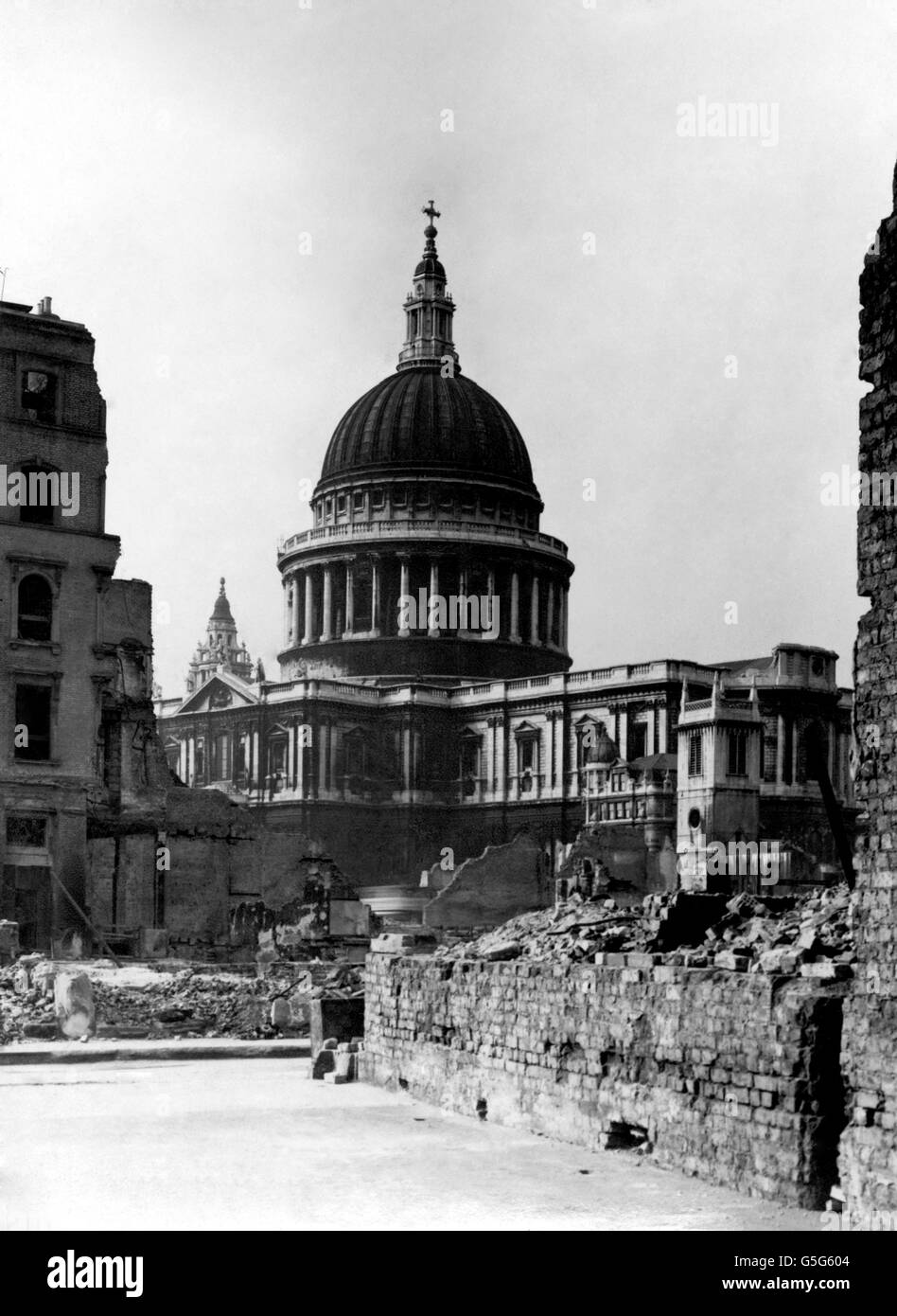 St. Paul's Cathedral stands out clearly against the skyline now that demolition men have cleared away bombed buildings in the vicinity. Stock Photo