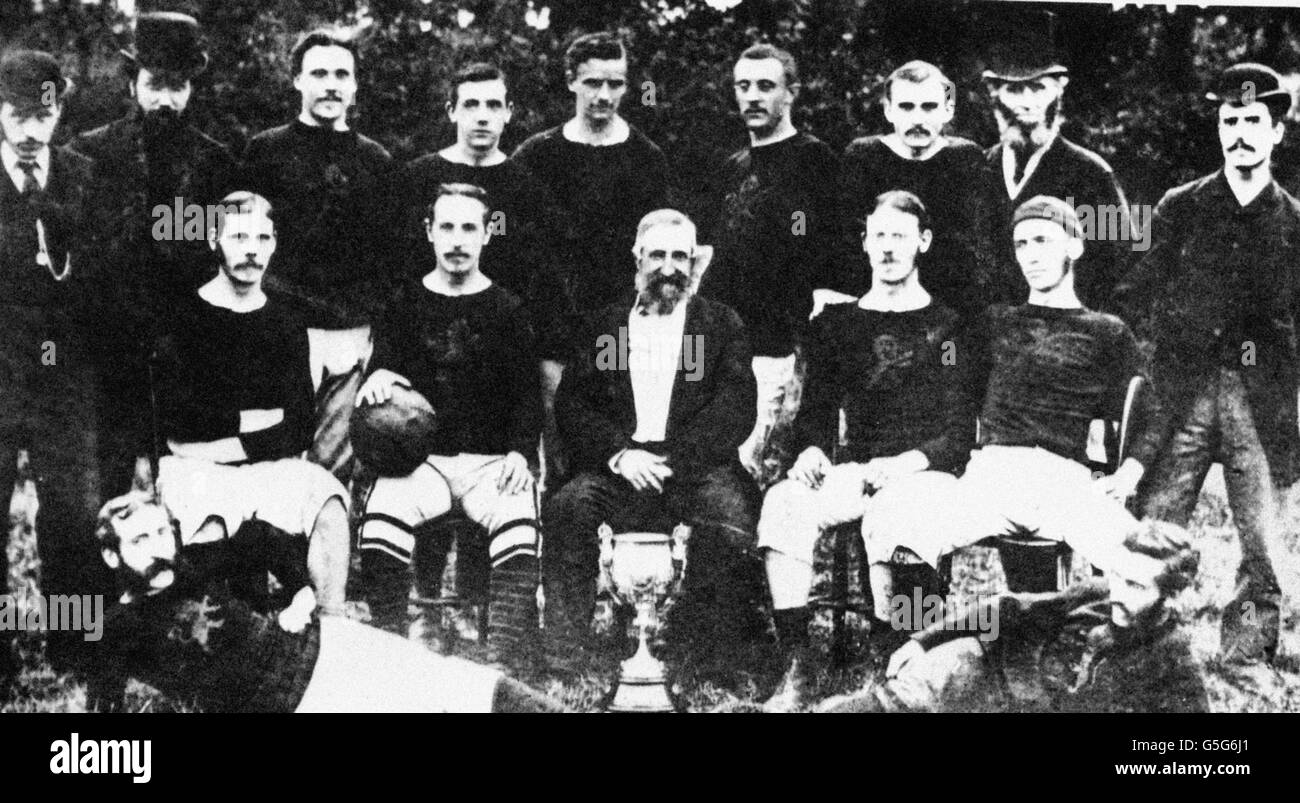 The Aston Villa team which won the Birmingham F.A. Challenge Cup in 1880. Standing: J. Hughes (umpire), William McGregor (vice president), W. Mason (honorary secretary), E. B. Lee, H. Simmonds, T. Park, E. Davies, F. Johnstone (vice president), H. Jeffries (honary treasurer). Seated: Archie Hunter, George Ramsay (captain), W. Ellis (president), Archie Hunter, C. Johnstone. Reclining: D. Law, H. Ball. Stock Photo