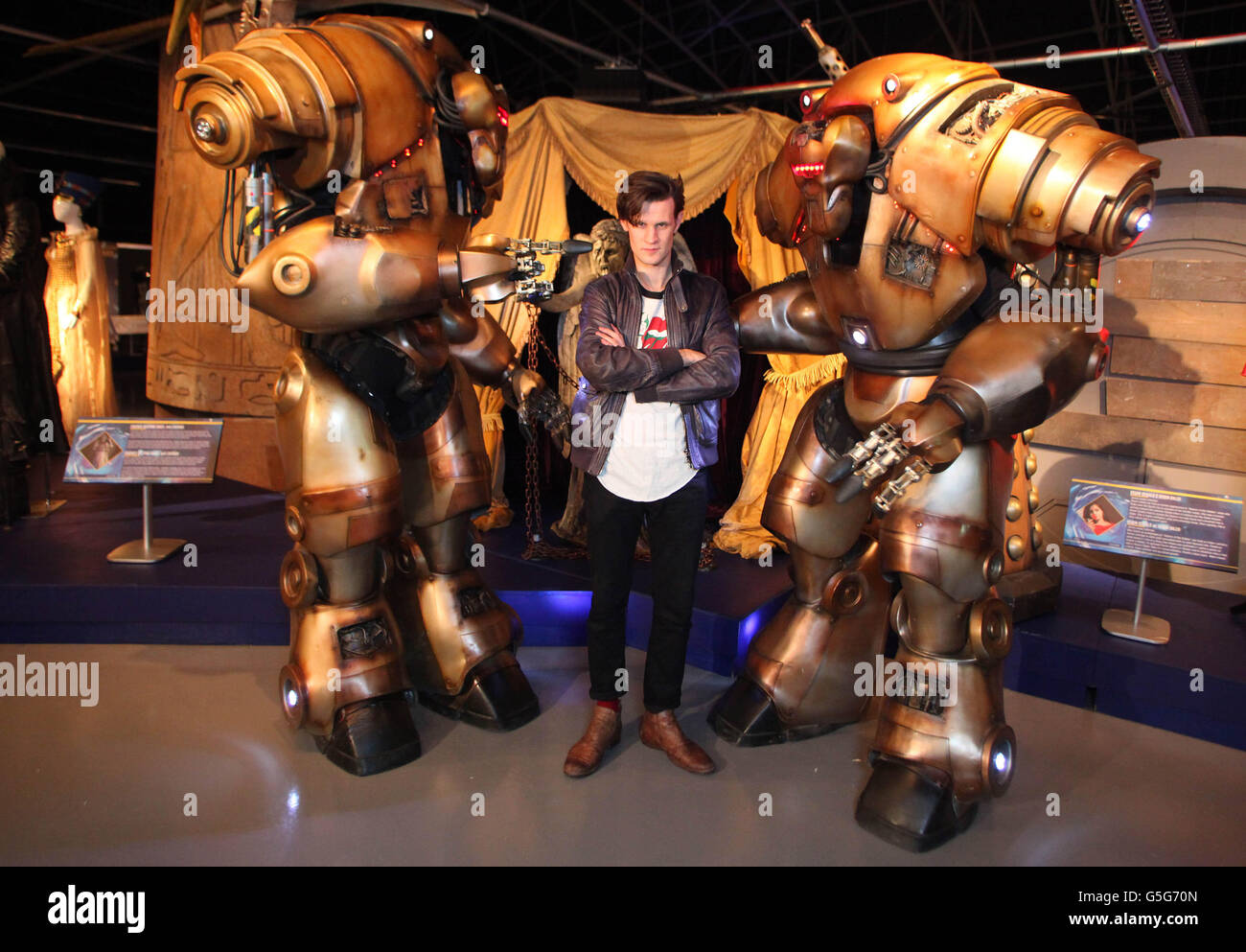 Actor Matt Smith, the current Dr Who, makes his first visit to The Doctor Who Experience in Cardiff Bay and unveils a new exhibit of monsters and props from series 7. Stock Photo