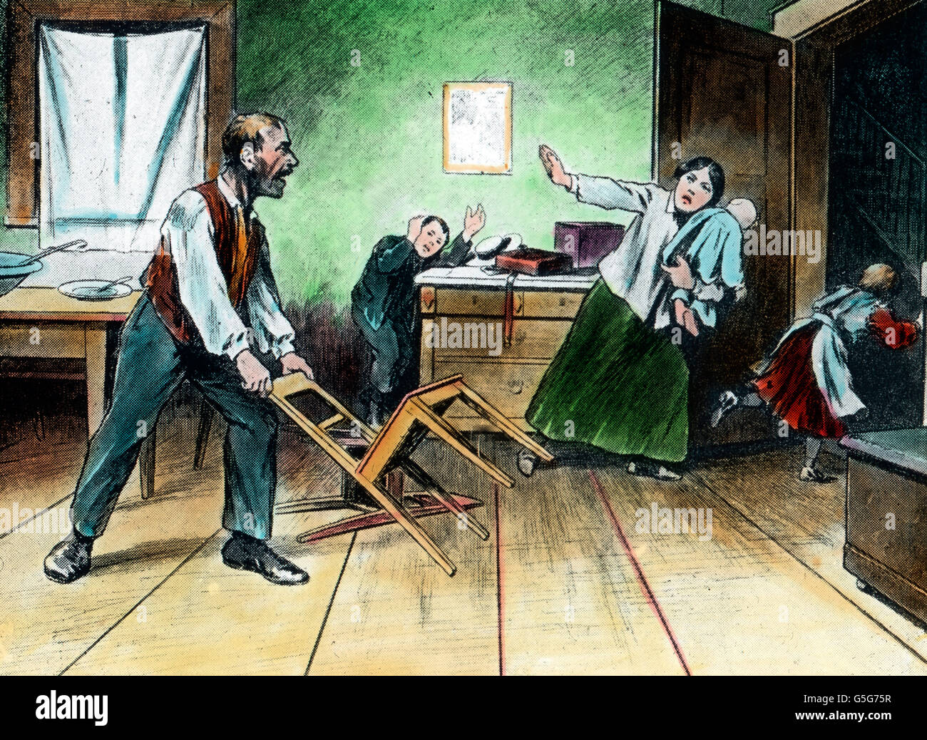Säuferwahn. Violent drunkard.  violence, family, home, running, children, man, woman, wife, drunk, chair, beating, rampage, rampaging, illustration, alcohol, drug, history, historical, 1910s, 1920s, 20th century, archive, Carl Simon, hand coloured glass slide Stock Photo
