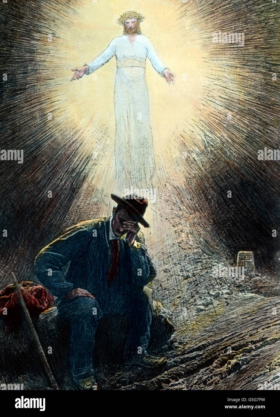Die Entscheidung. The decision. man, helpless, allegory, Jesus Christ, way, gravestone, tombstone, halo, holy, saint, saviour, wanderer, deciding, alcohol, drug, history, historical, illustration,  1910s, 1920s, 20th century, archive, Carl Simon, hand coloured glass slide Stock Photo