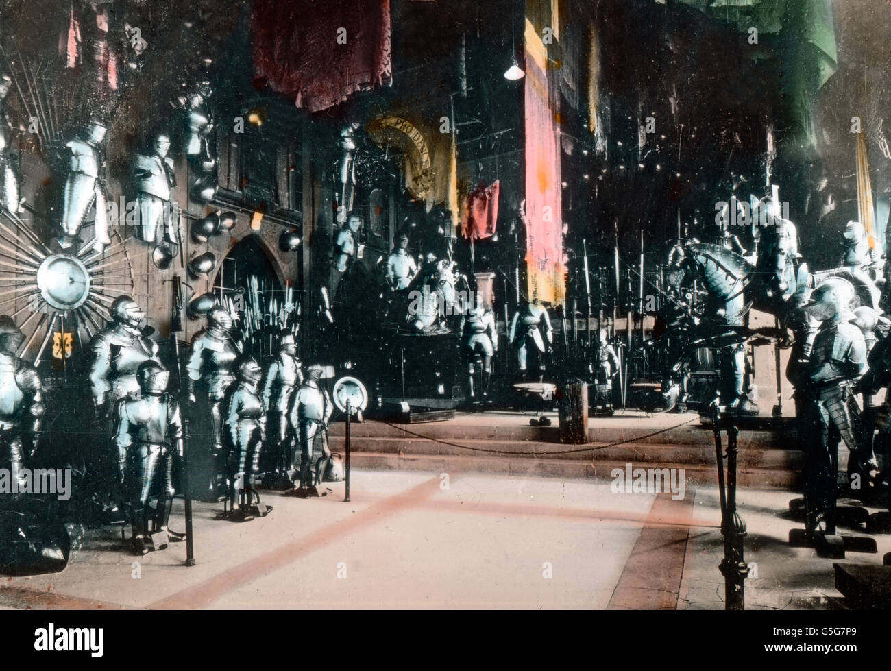 Die Rüstkammer auf der Wartburg. Wartburg castle armoury. armament, weapon, chamber, hall, fight, Elizabeth of Hungary, history, historical, 1910s, 1920s, 20th century, archive, Carl Simon,  hand coloured glass slide Stock Photo