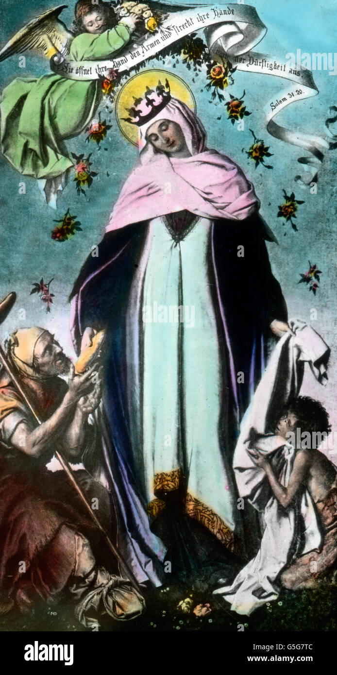 St. Elisabeth bei den Armen. Holy Elizabeth helps the poor. poverty, beggars, painting, woman, donating, donation, medieval, Saint Elizabeth of Hungary, history, historical, illustration,  1910s, 1920s, 20th century, archive, Carl Simon, hand coloured glass slide Stock Photo