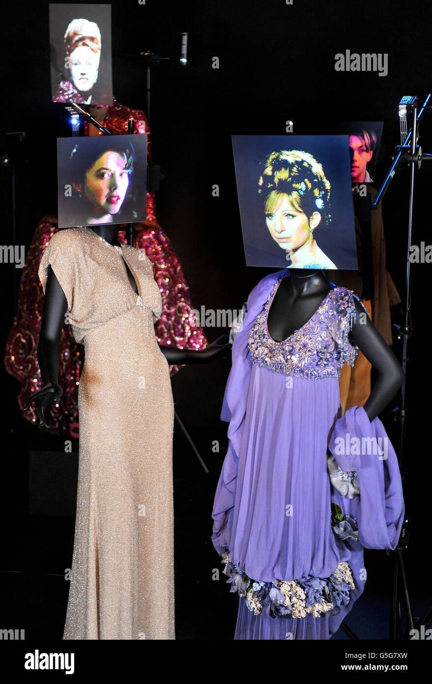 RETRANSMISSION AMENDING SPELLING OF BARBRA. The costumes worn by Annette Bening (left) in 'Bugsy' and Barbra Streisand in 'Funny Girl', before the opening of the Hollywood Costumes exhibition on the 20th October at the Victoria &amp; Albert Museum in London. Stock Photo