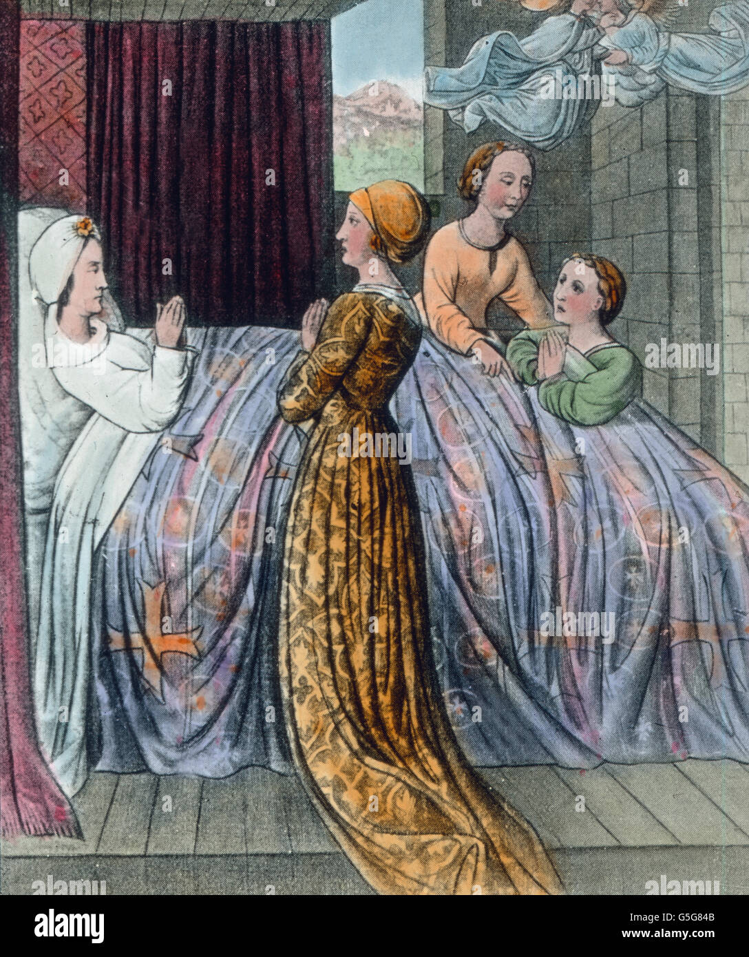 Elisabeths Tod. Death of St. Elizabeth. dying, bed, bedroom, mourners, mourning, praying, prayer, Saint Elizabeth of Hungary, history, historical, illustration, 1910s, 1920s, 20th century, archive, Carl Simon, hand coloured glass slide Stock Photo