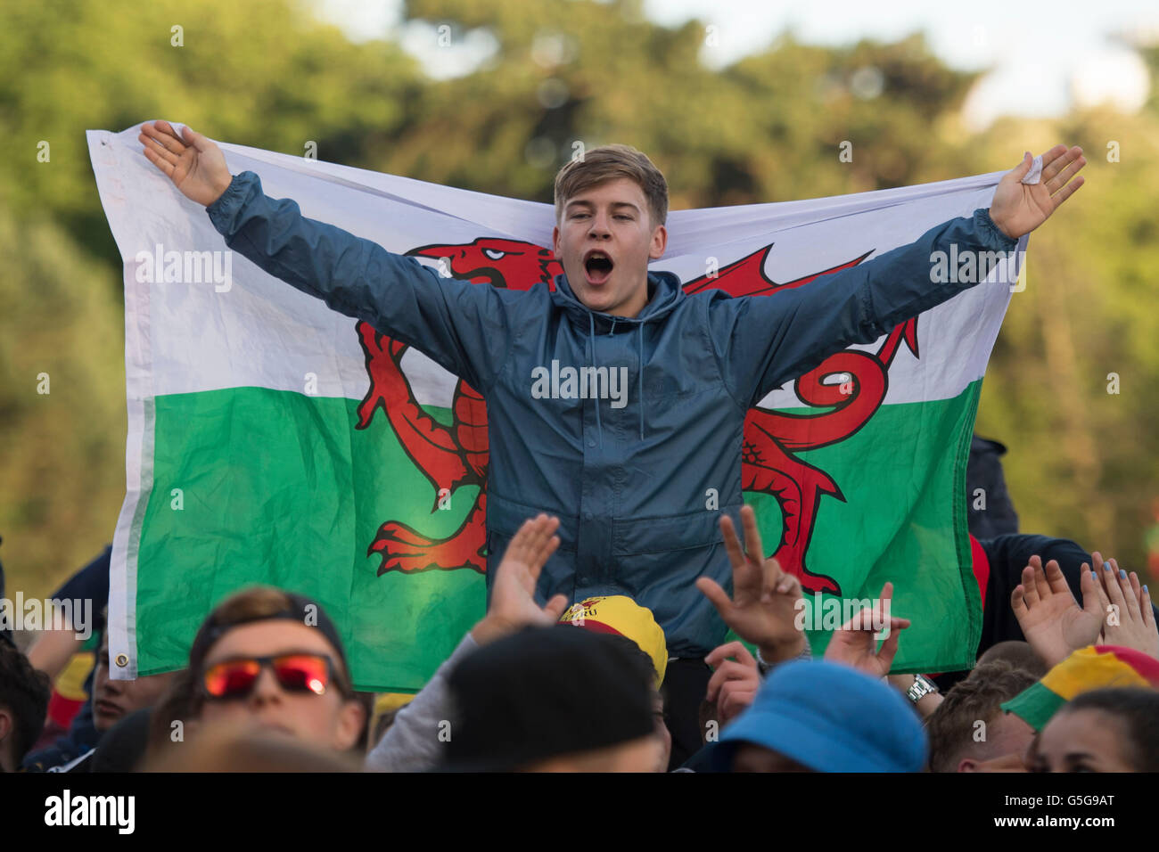 Wales football fans at the Wales supporters Fan Zone in Cooper's Field, Cardiff, for the Euro 2016 Wales v Russia game. Stock Photo