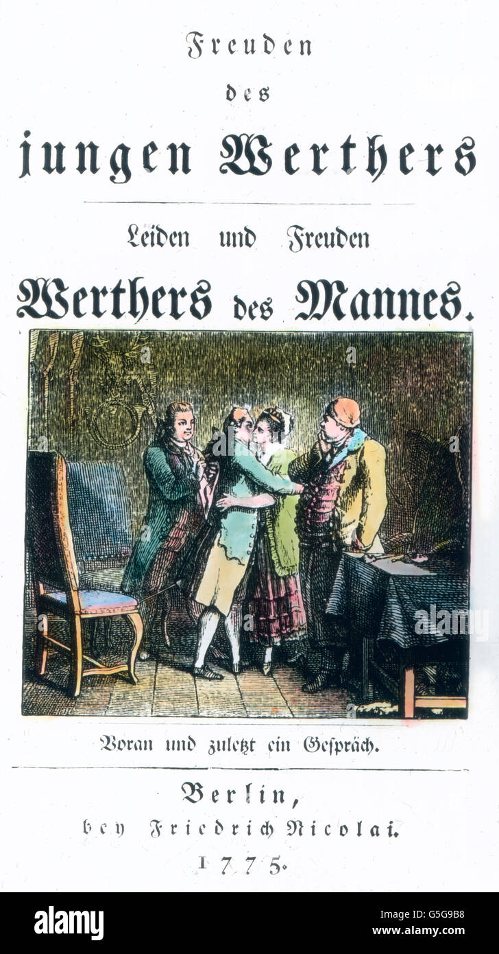 Freuden des jungen Werthers, Titel der Erstausgabe 1775. Cover of the first edition of the parody of The Sorrows of Young Werther. parody, imitation, book, cover, literature, Europe, Germany, history, historical, 1910s, 1920s, 20th century, archive, Carl Simon, Stock Photo